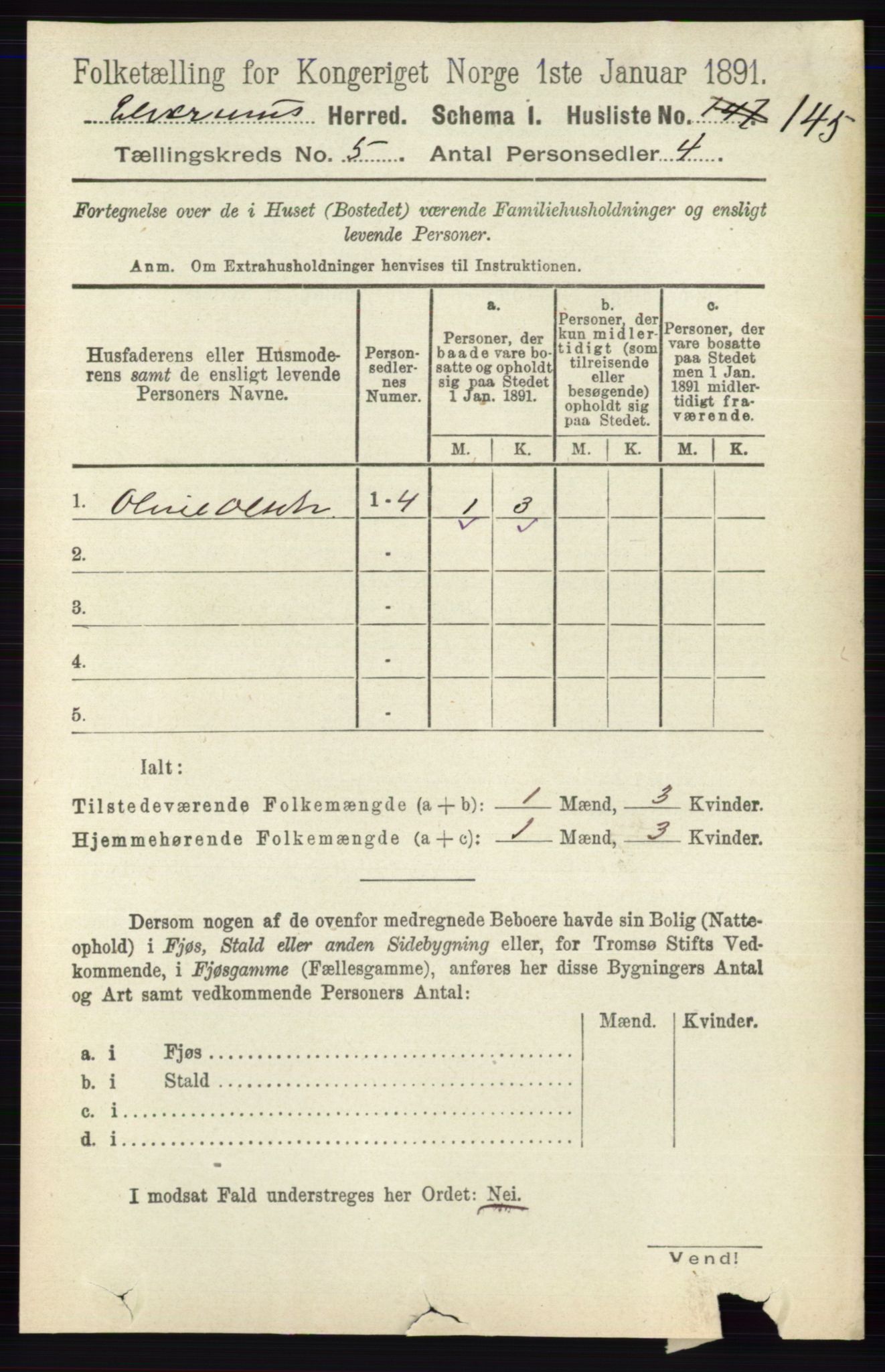 RA, 1891 census for 0427 Elverum, 1891, p. 3076