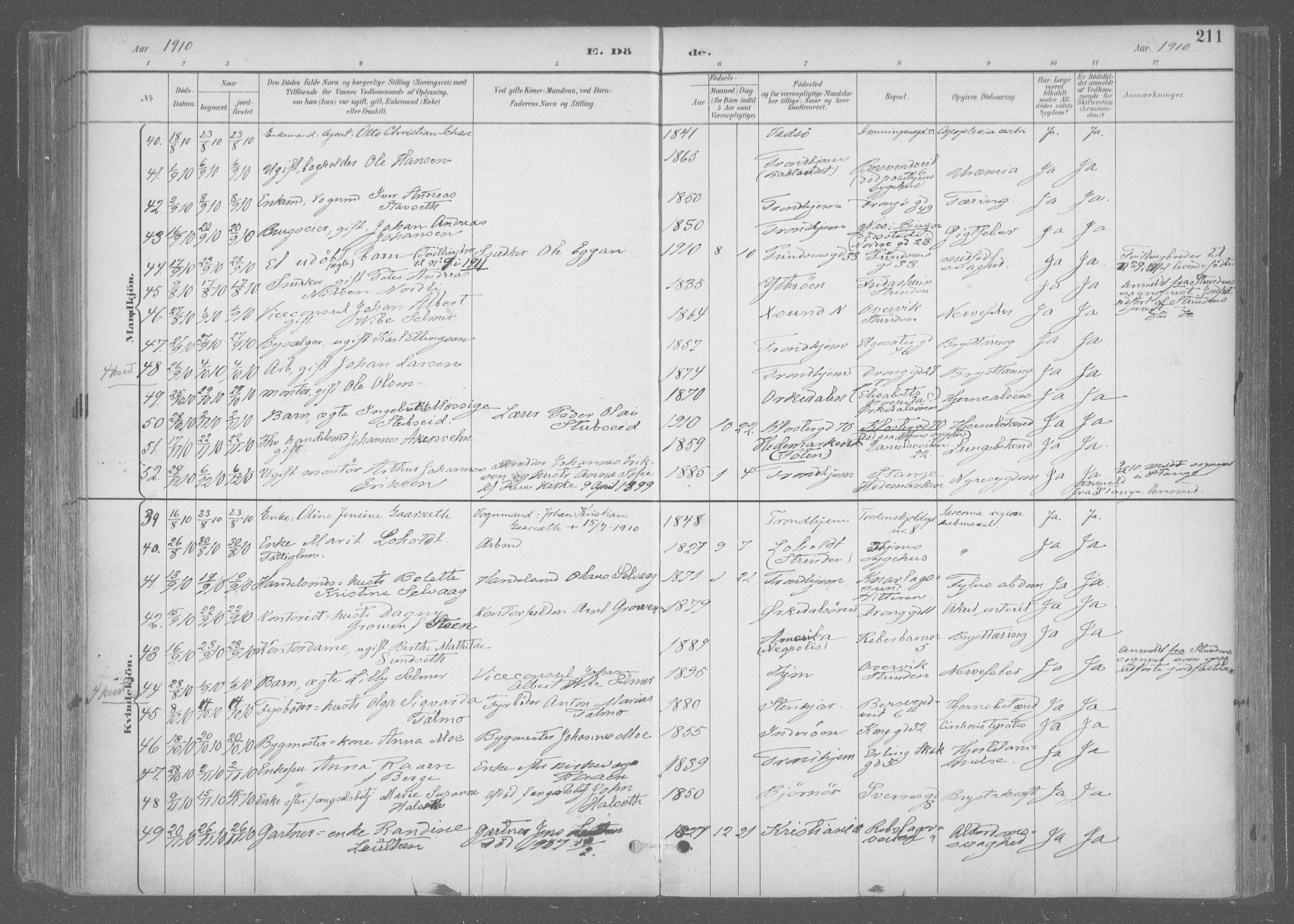 Ministerialprotokoller, klokkerbøker og fødselsregistre - Sør-Trøndelag, SAT/A-1456/601/L0064: Parish register (official) no. 601A31, 1891-1911, p. 211