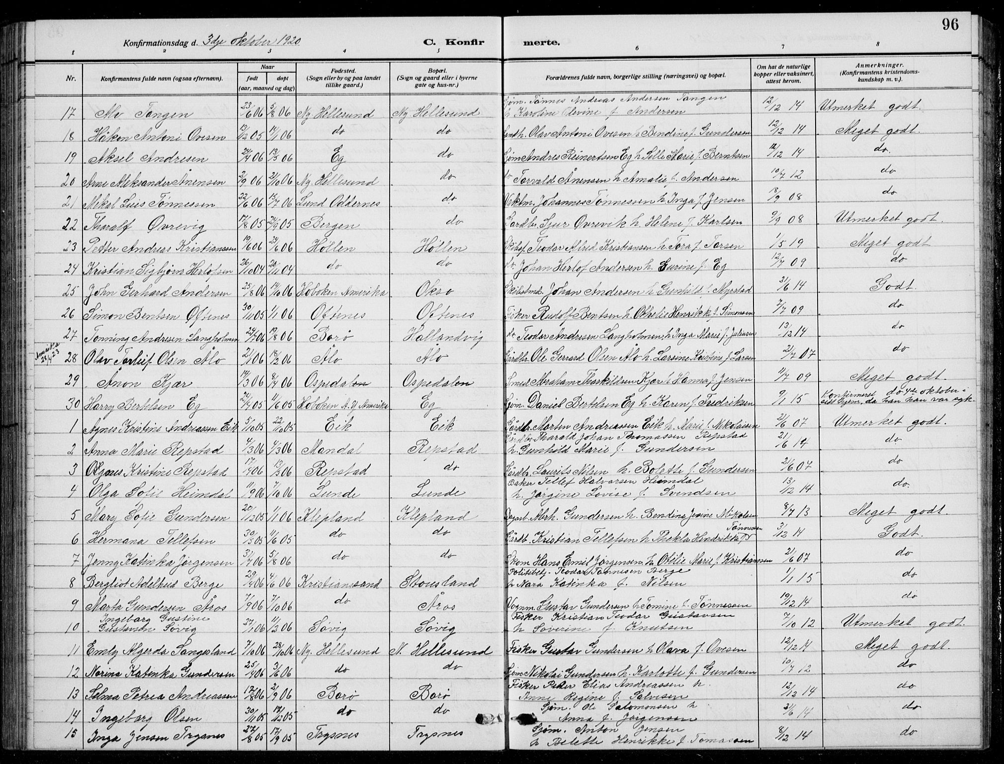 Søgne sokneprestkontor, SAK/1111-0037/F/Fb/Fbb/L0007: Parish register (copy) no. B 7, 1912-1931, p. 96