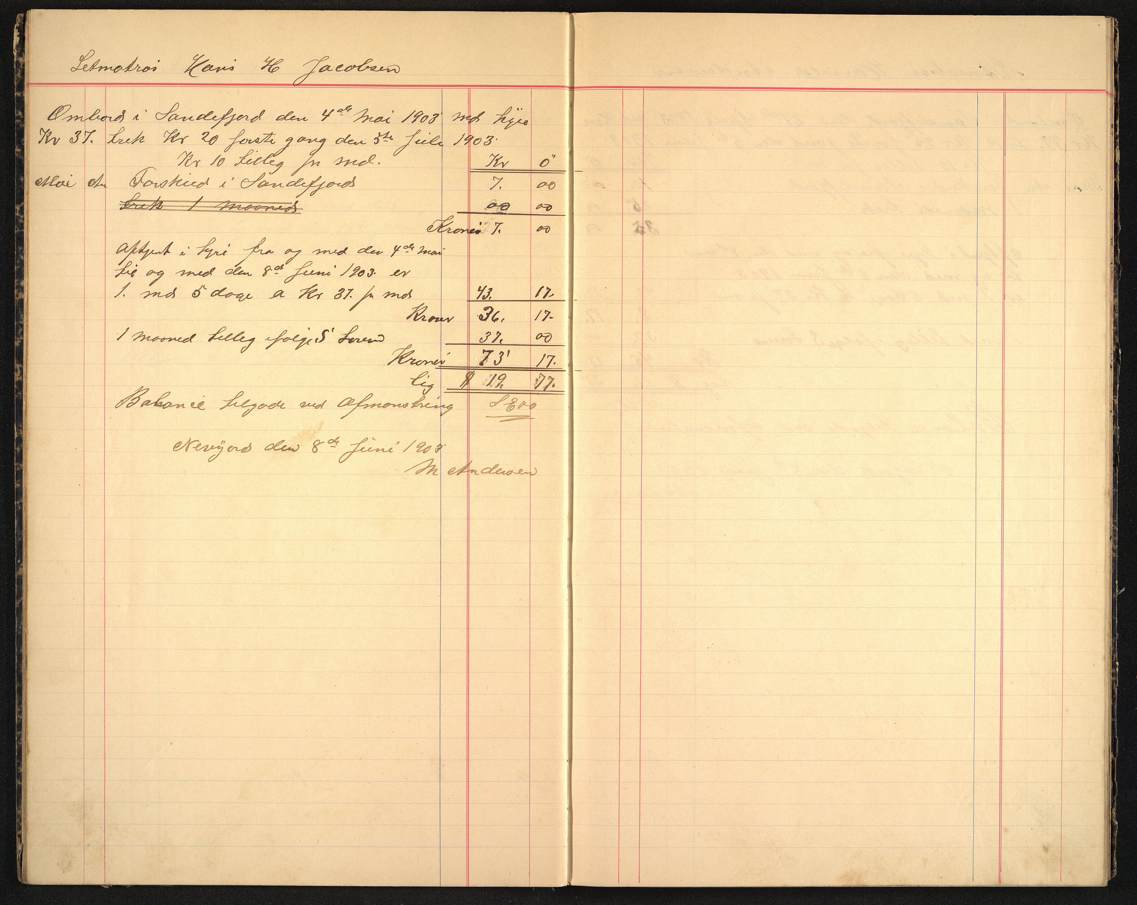 Andersen, M. Kaptein, VEMU/VFA-A-1140/R/L0005: Regnskapsjournal - mannskapsavregninger, 1903-1905