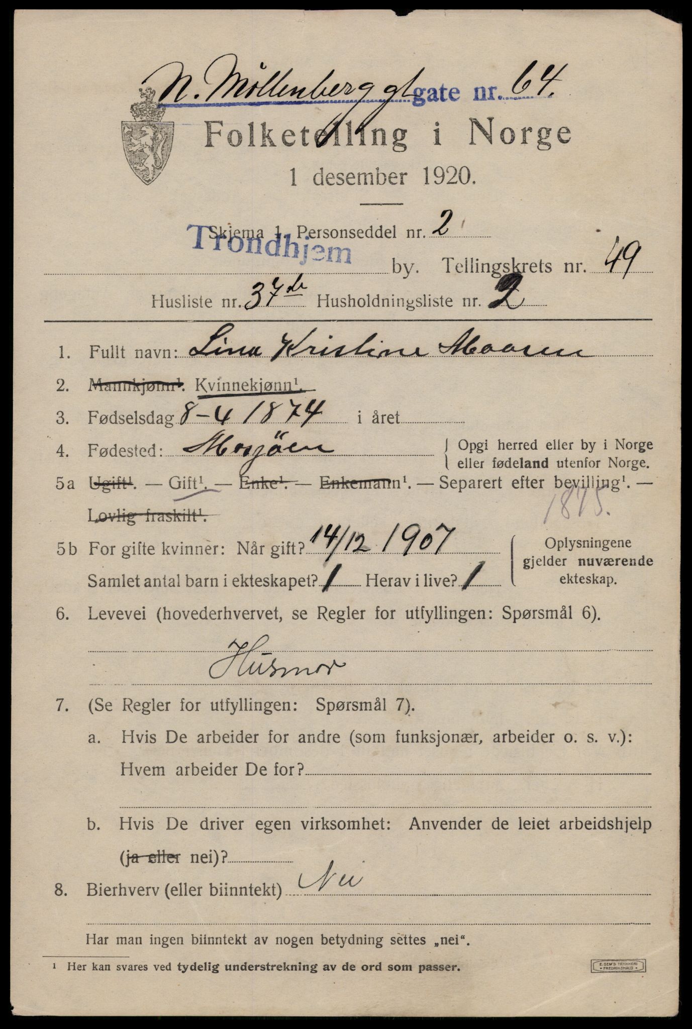 SAT, 1920 census for Trondheim, 1920, p. 103708