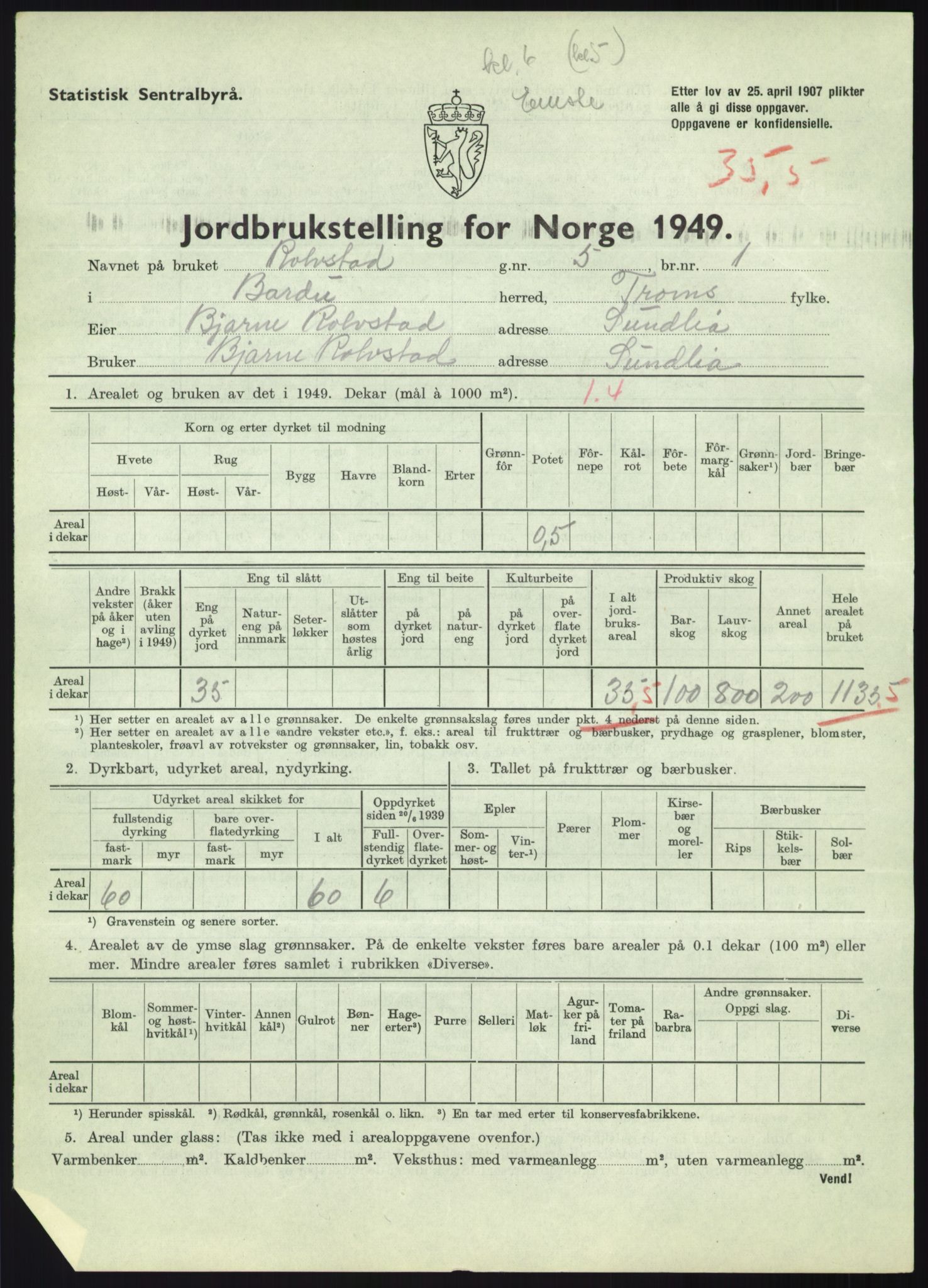 Statistisk sentralbyrå, Næringsøkonomiske emner, Jordbruk, skogbruk, jakt, fiske og fangst, AV/RA-S-2234/G/Gc/L0438: Troms: Salangen og Bardu, 1949, p. 1161