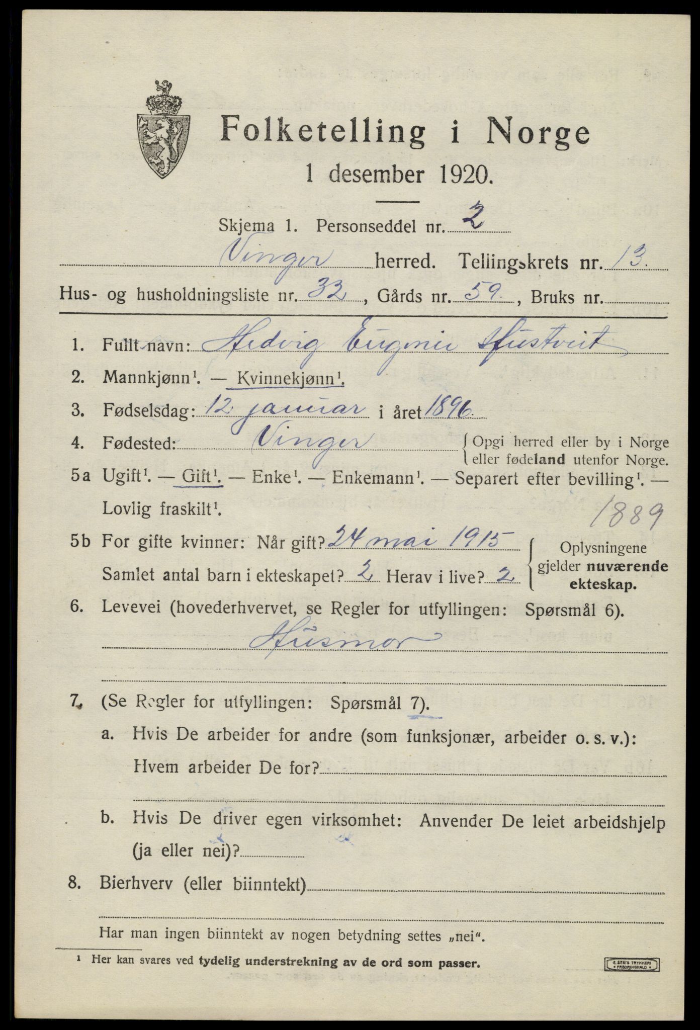 SAH, 1920 census for Vinger, 1920, p. 11396