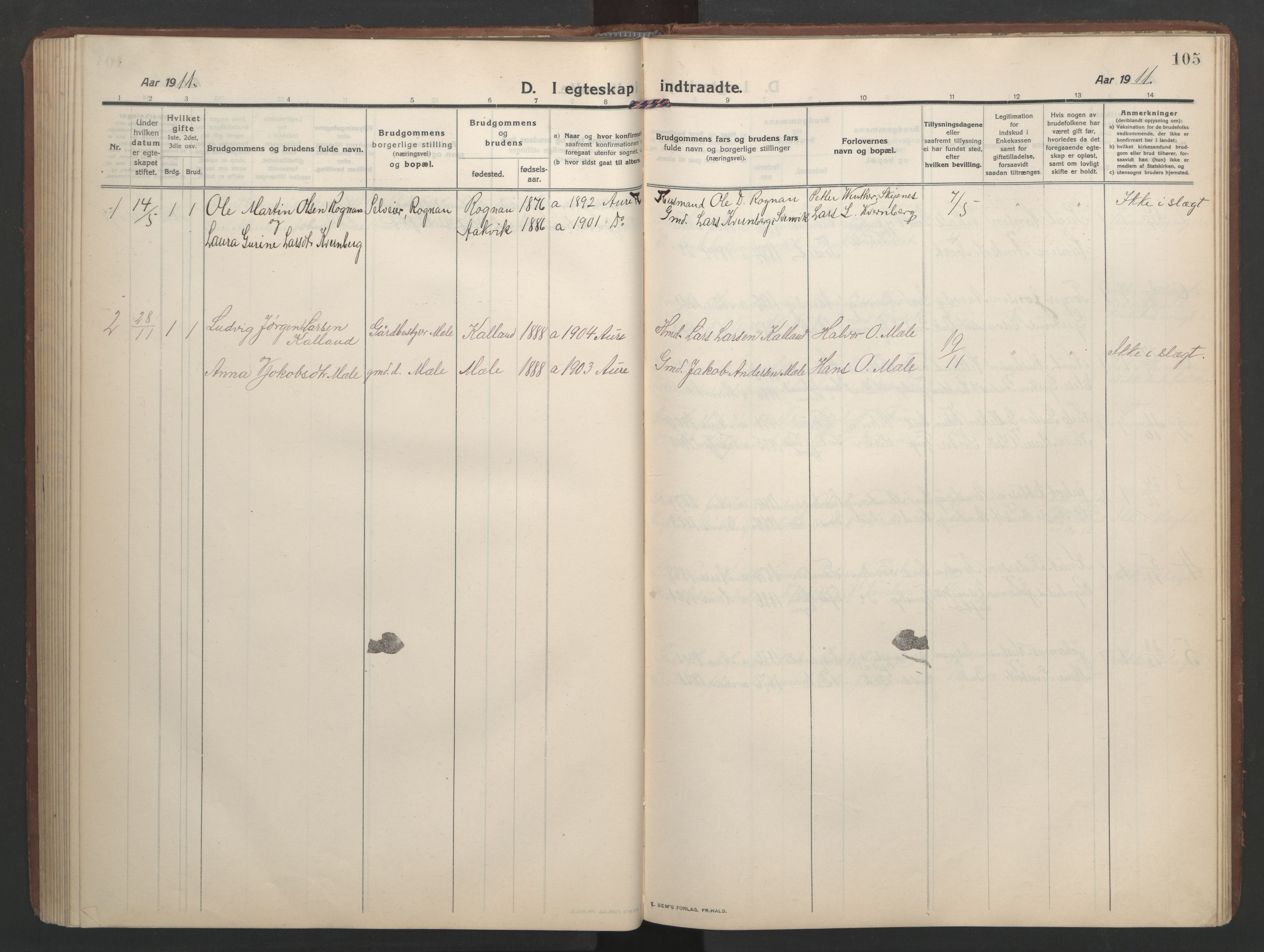 Ministerialprotokoller, klokkerbøker og fødselsregistre - Møre og Romsdal, AV/SAT-A-1454/579/L0919: Parish register (copy) no. 579C01, 1909-1957, p. 105