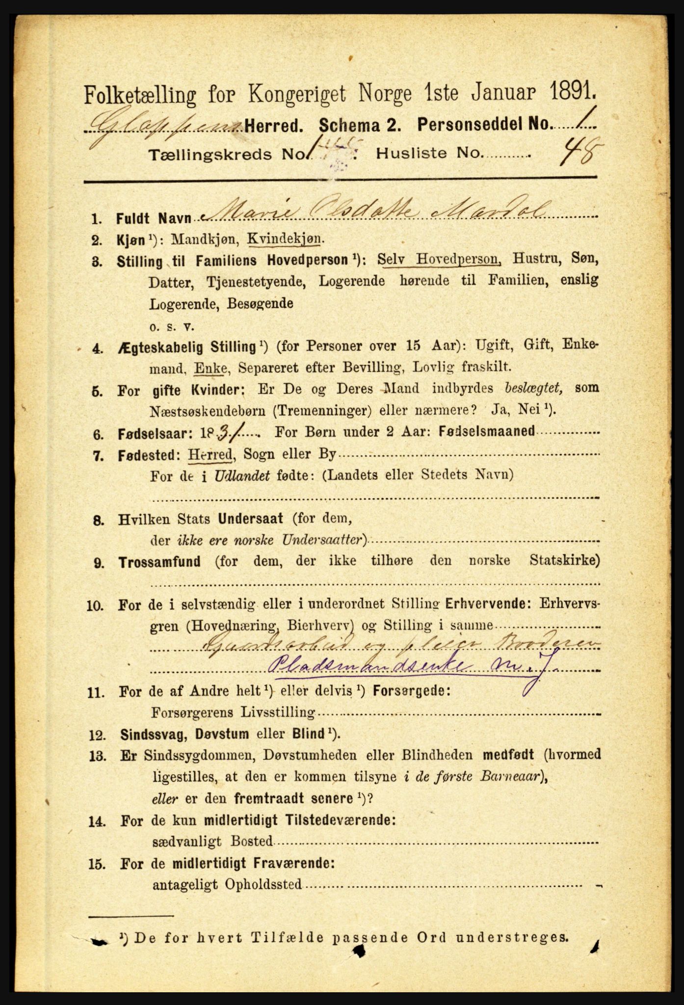 RA, 1891 census for 1445 Gloppen, 1891, p. 370