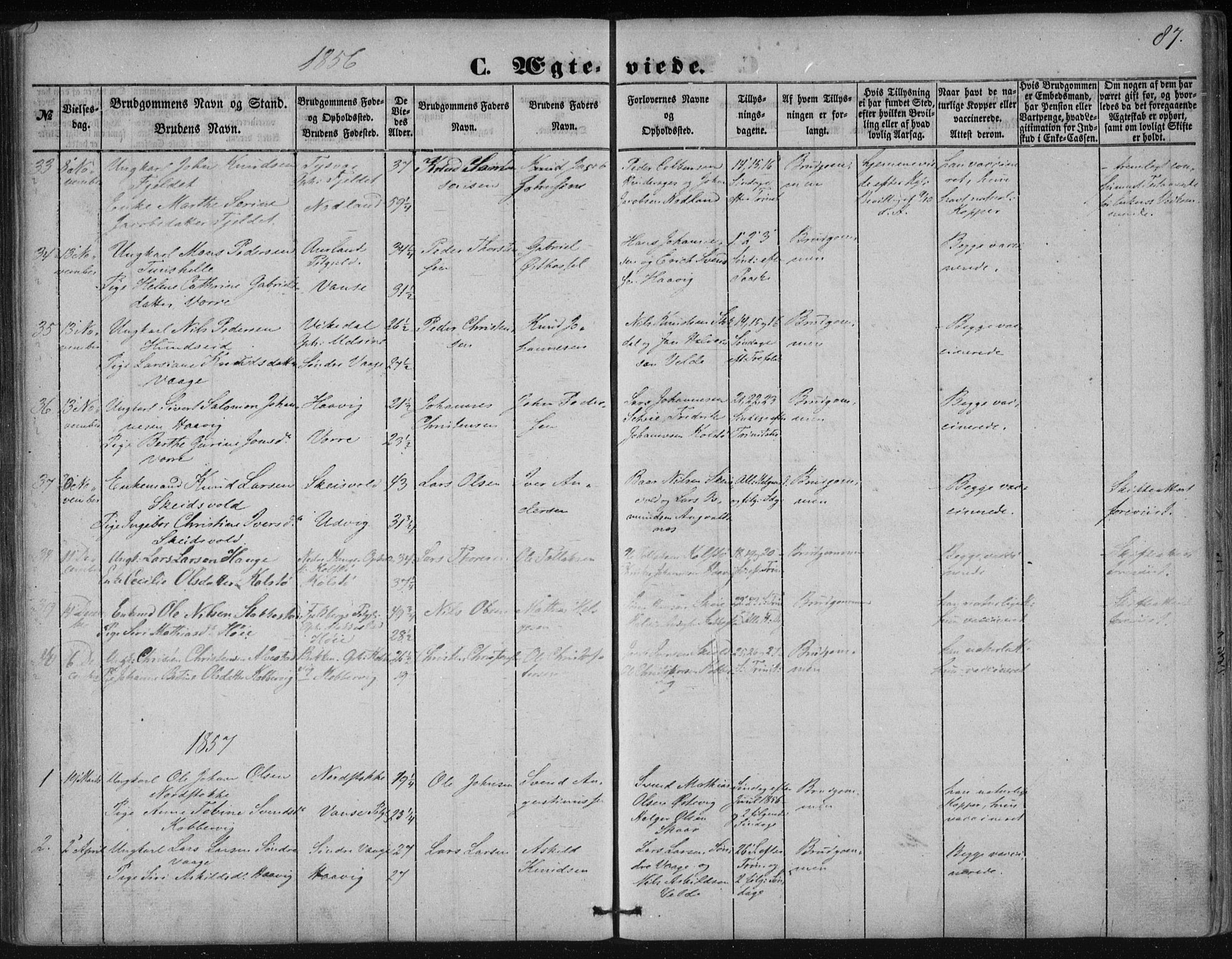 Avaldsnes sokneprestkontor, SAST/A -101851/H/Ha/Haa/L0009: Parish register (official) no. A 9, 1853-1865, p. 87