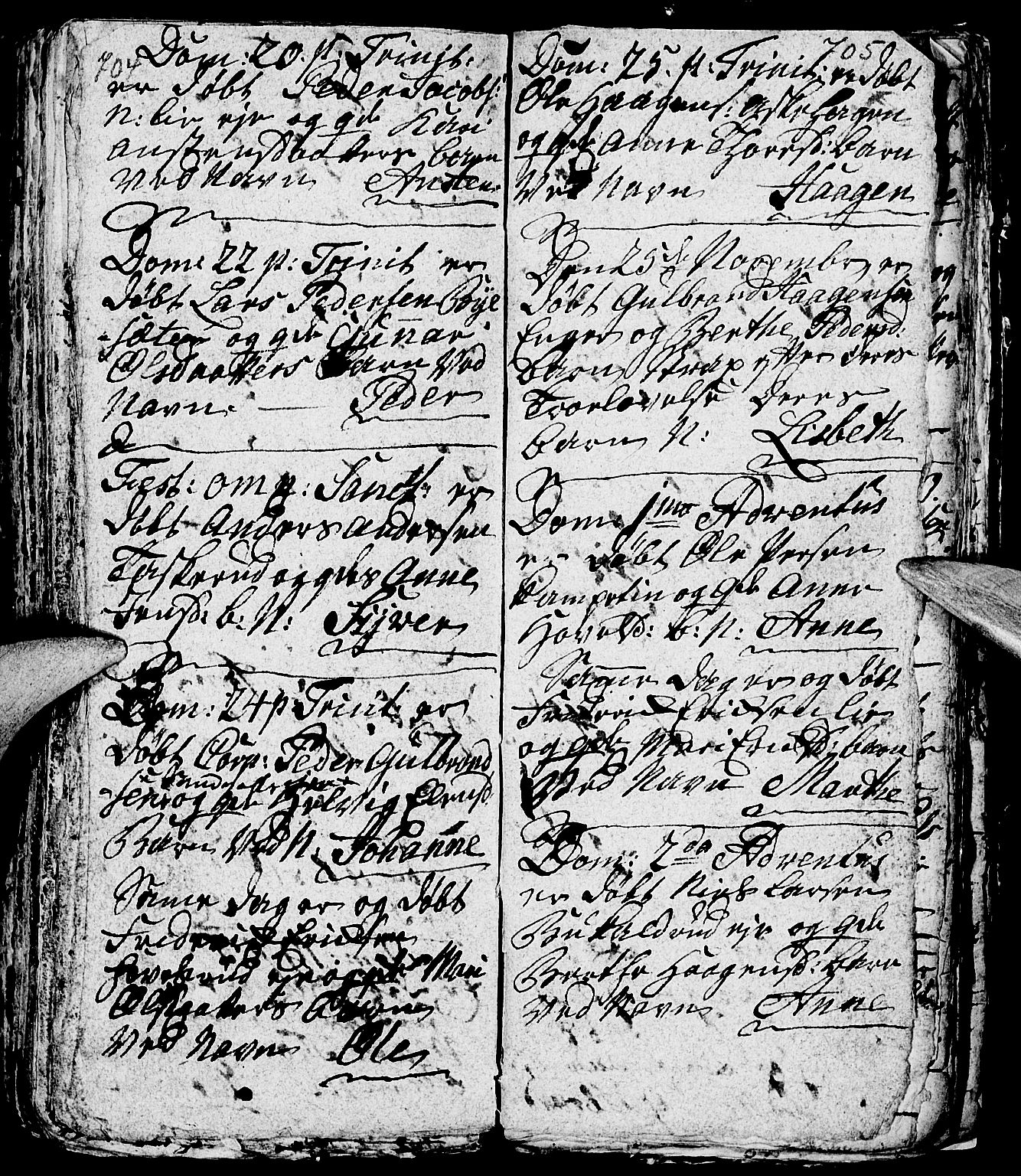 Nes prestekontor, Hedmark, AV/SAH-PREST-020/L/La/L0001: Parish register (copy) no. 1, 1663-1784, p. 704-705