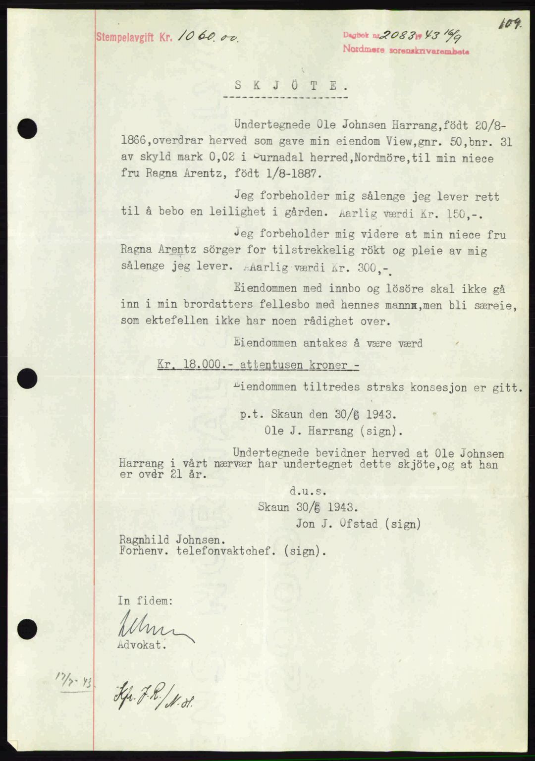 Nordmøre sorenskriveri, SAT/A-4132/1/2/2Ca: Mortgage book no. A96, 1943-1944, Diary no: : 2083/1943