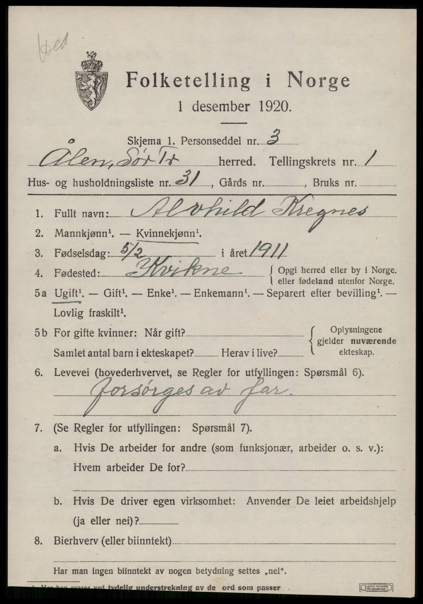 SAT, 1920 census for Ålen, 1920, p. 1194