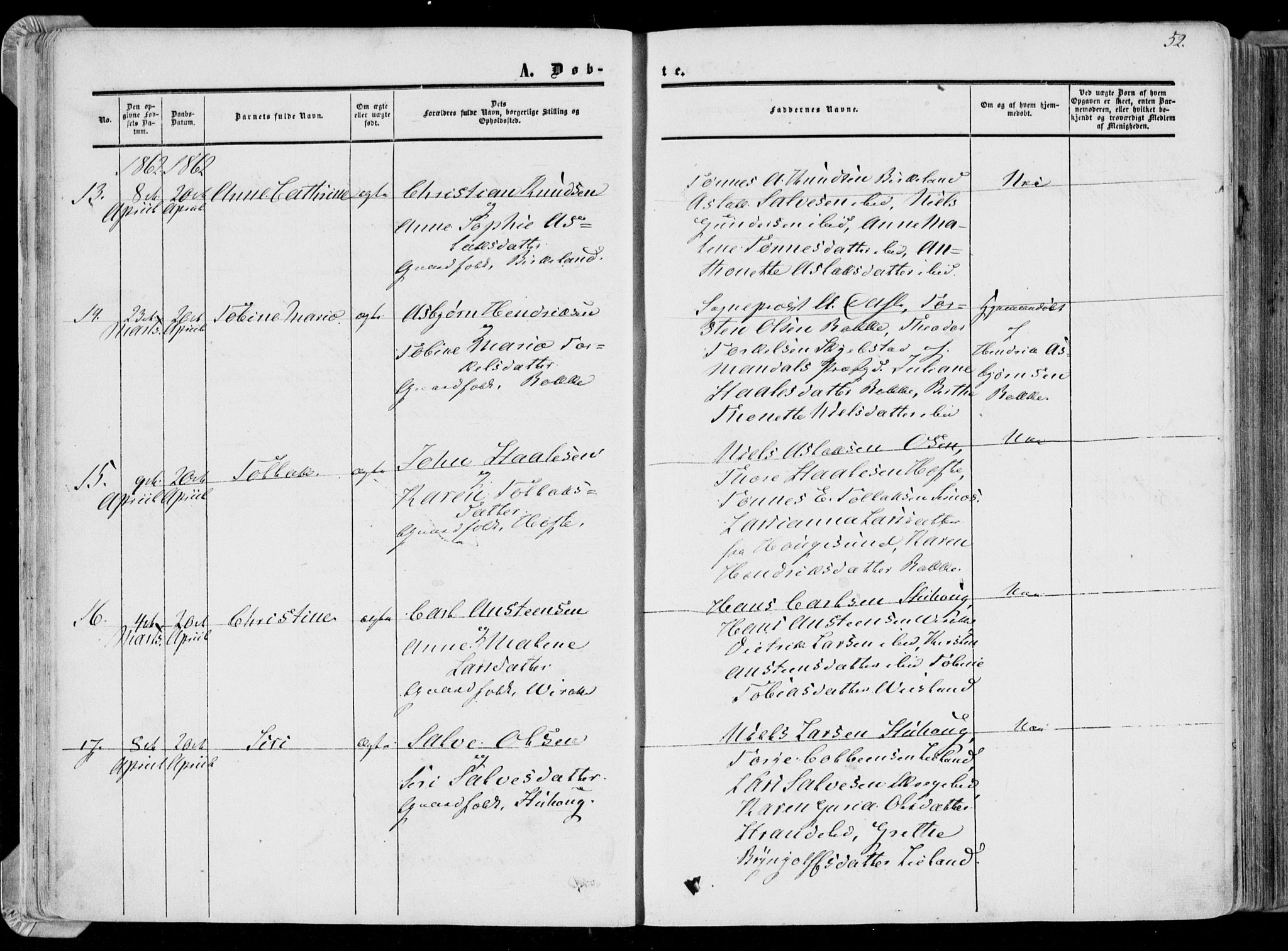 Bakke sokneprestkontor, AV/SAK-1111-0002/F/Fa/Faa/L0006: Parish register (official) no. A 6, 1855-1877, p. 52