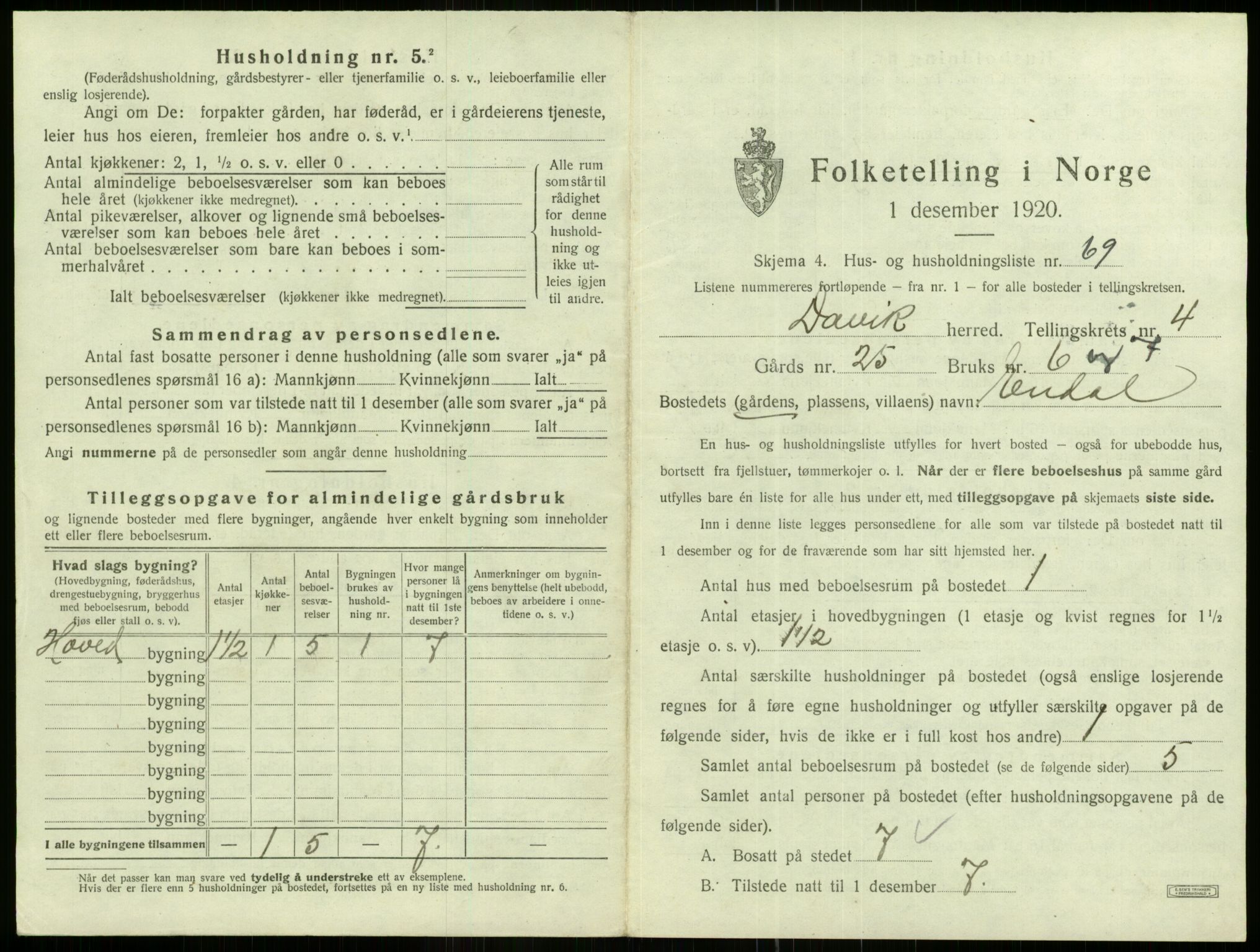 SAB, 1920 census for Davik, 1920, p. 335