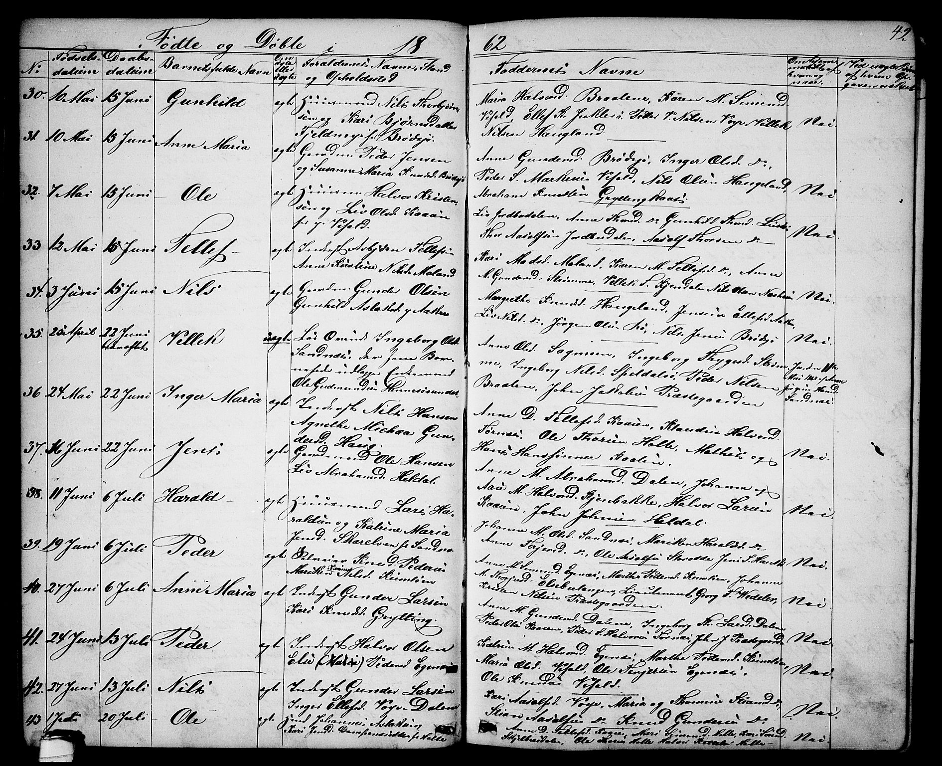 Drangedal kirkebøker, AV/SAKO-A-258/G/Ga/L0002: Parish register (copy) no. I 2, 1856-1887, p. 42