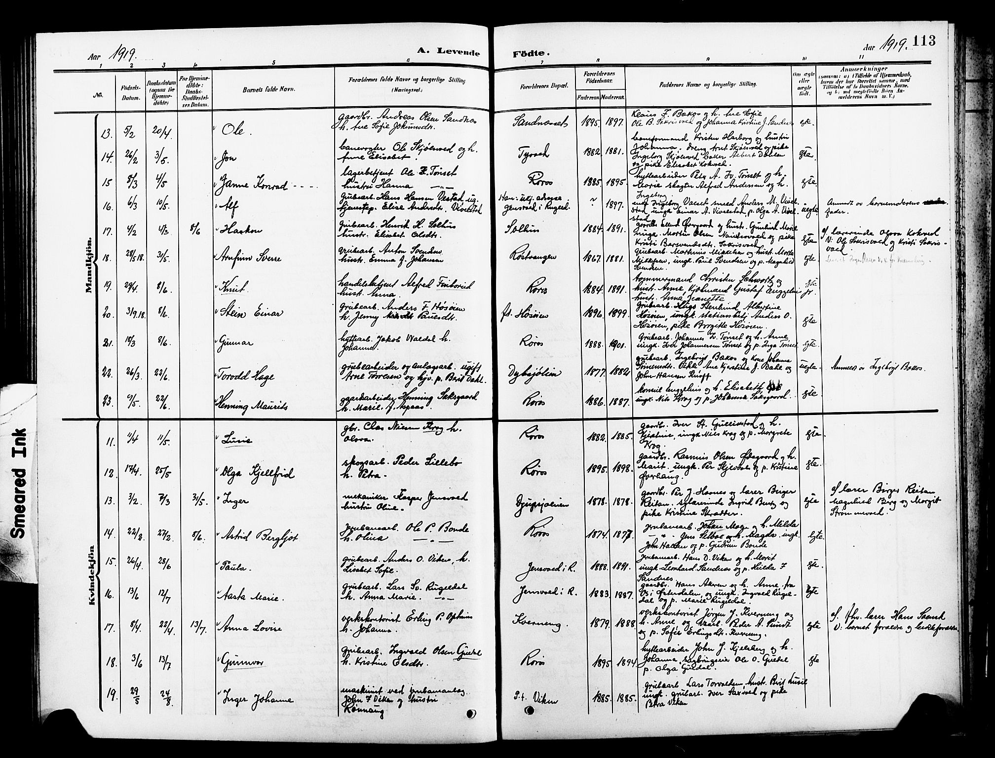 Ministerialprotokoller, klokkerbøker og fødselsregistre - Sør-Trøndelag, SAT/A-1456/681/L0942: Parish register (copy) no. 681C06, 1906-1925, p. 113