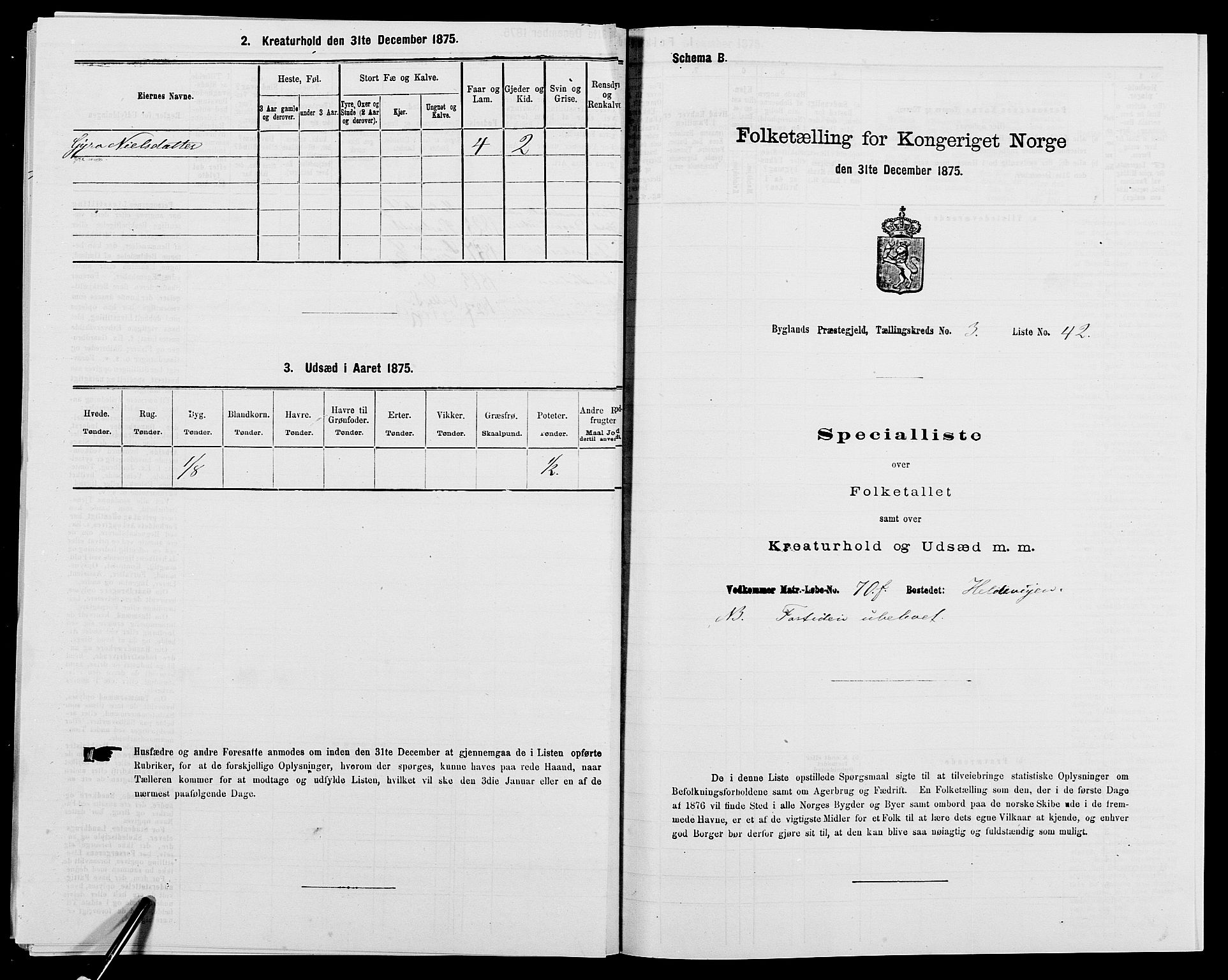 SAK, 1875 census for 0938P Bygland, 1875, p. 315