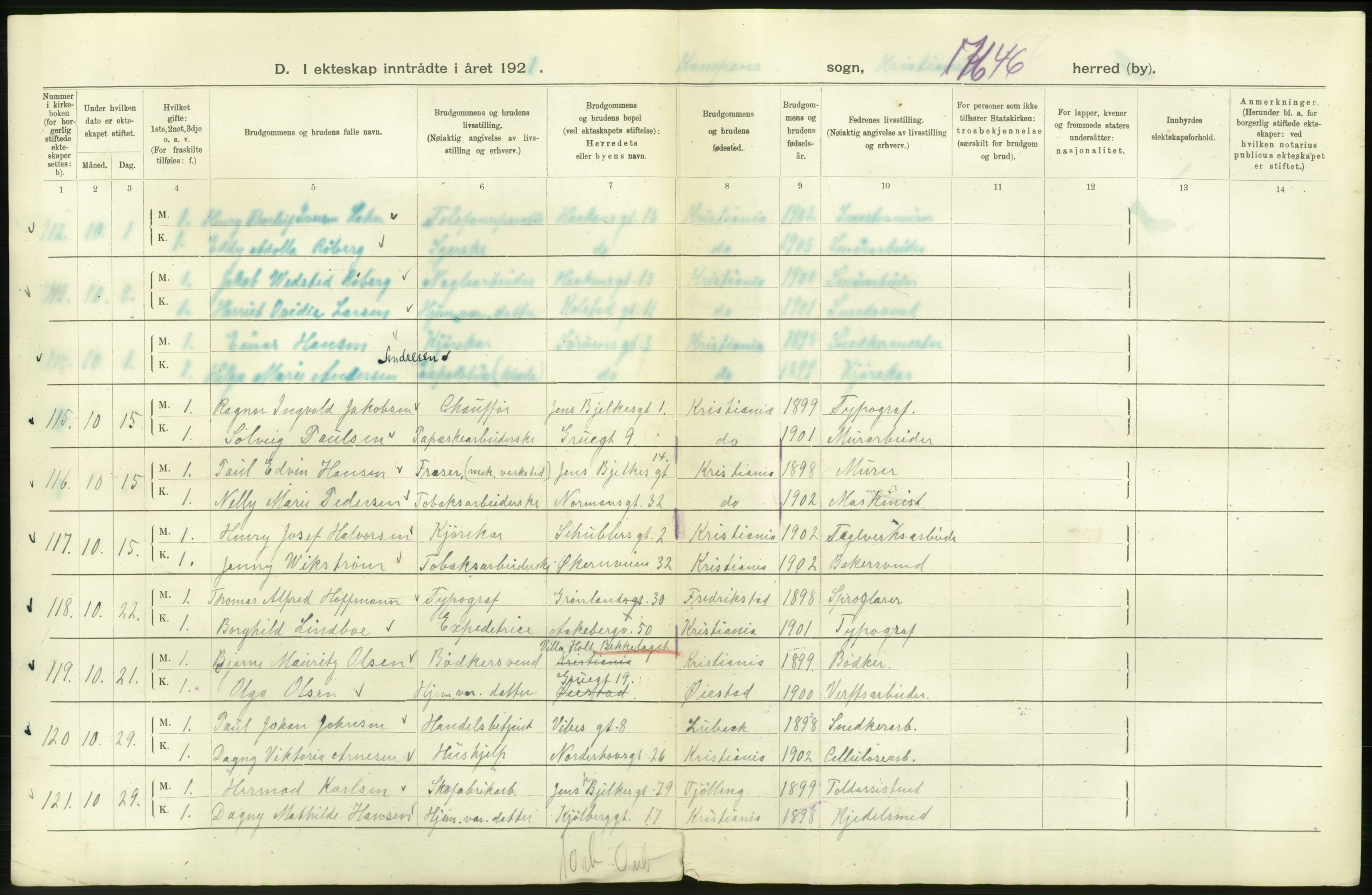 Statistisk sentralbyrå, Sosiodemografiske emner, Befolkning, AV/RA-S-2228/D/Df/Dfc/Dfca/L0011: Kristiania: Gifte, 1921, p. 780