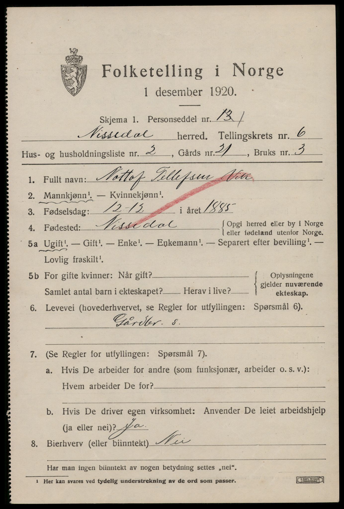 SAKO, 1920 census for Nissedal, 1920, p. 2295