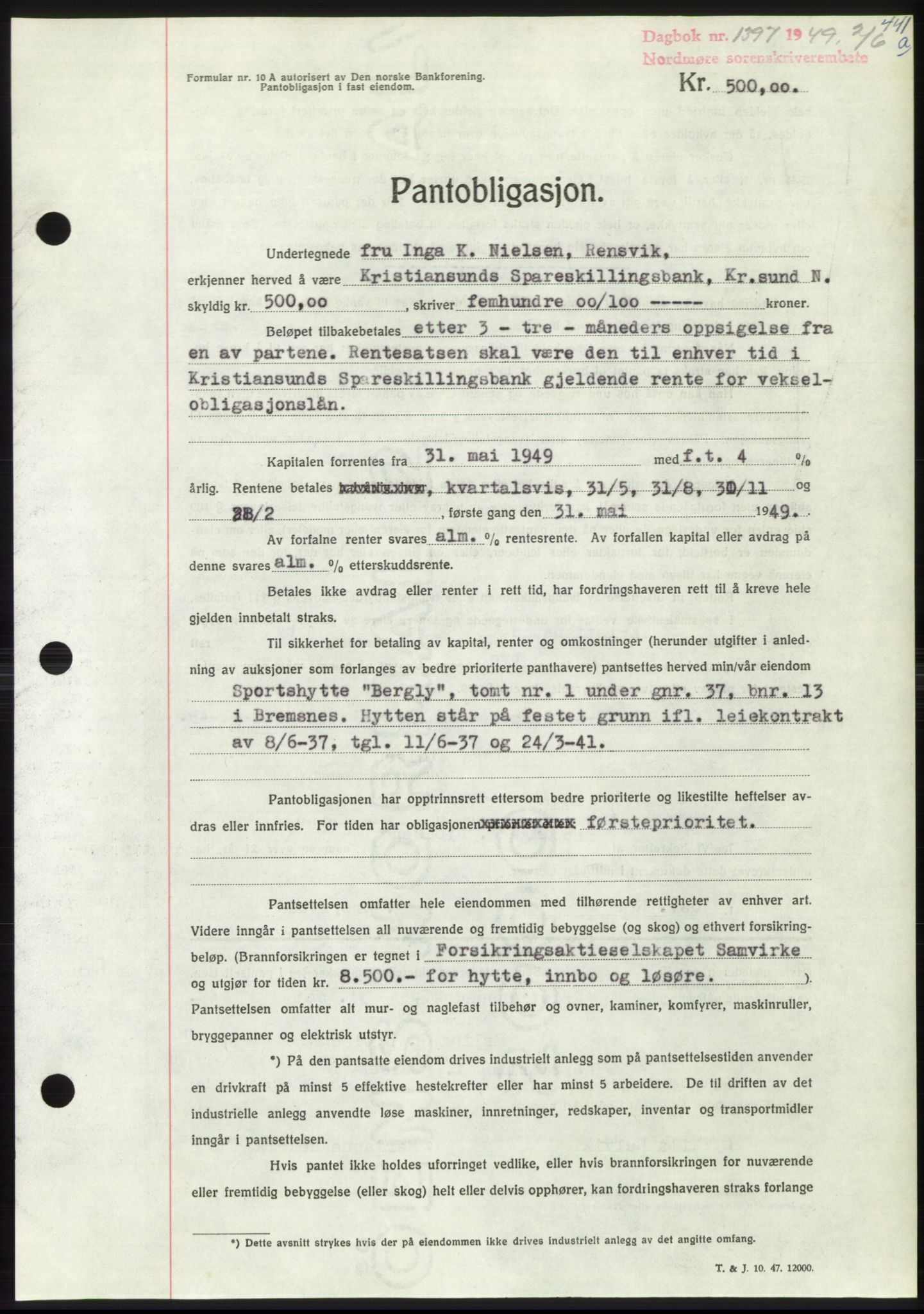 Nordmøre sorenskriveri, AV/SAT-A-4132/1/2/2Ca: Mortgage book no. B101, 1949-1949, Diary no: : 1397/1949