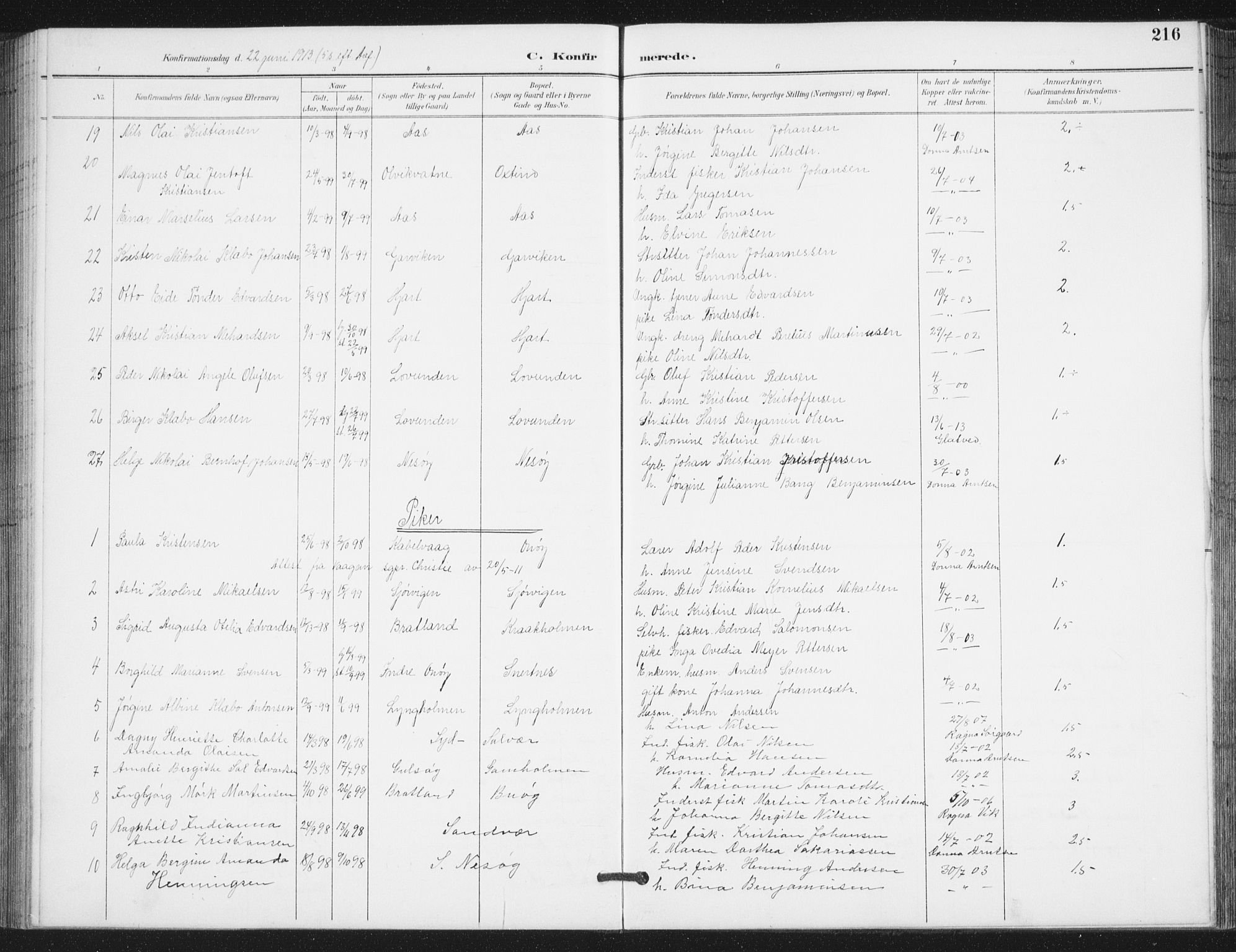 Ministerialprotokoller, klokkerbøker og fødselsregistre - Nordland, AV/SAT-A-1459/839/L0573: Parish register (copy) no. 839C03, 1892-1917, p. 216