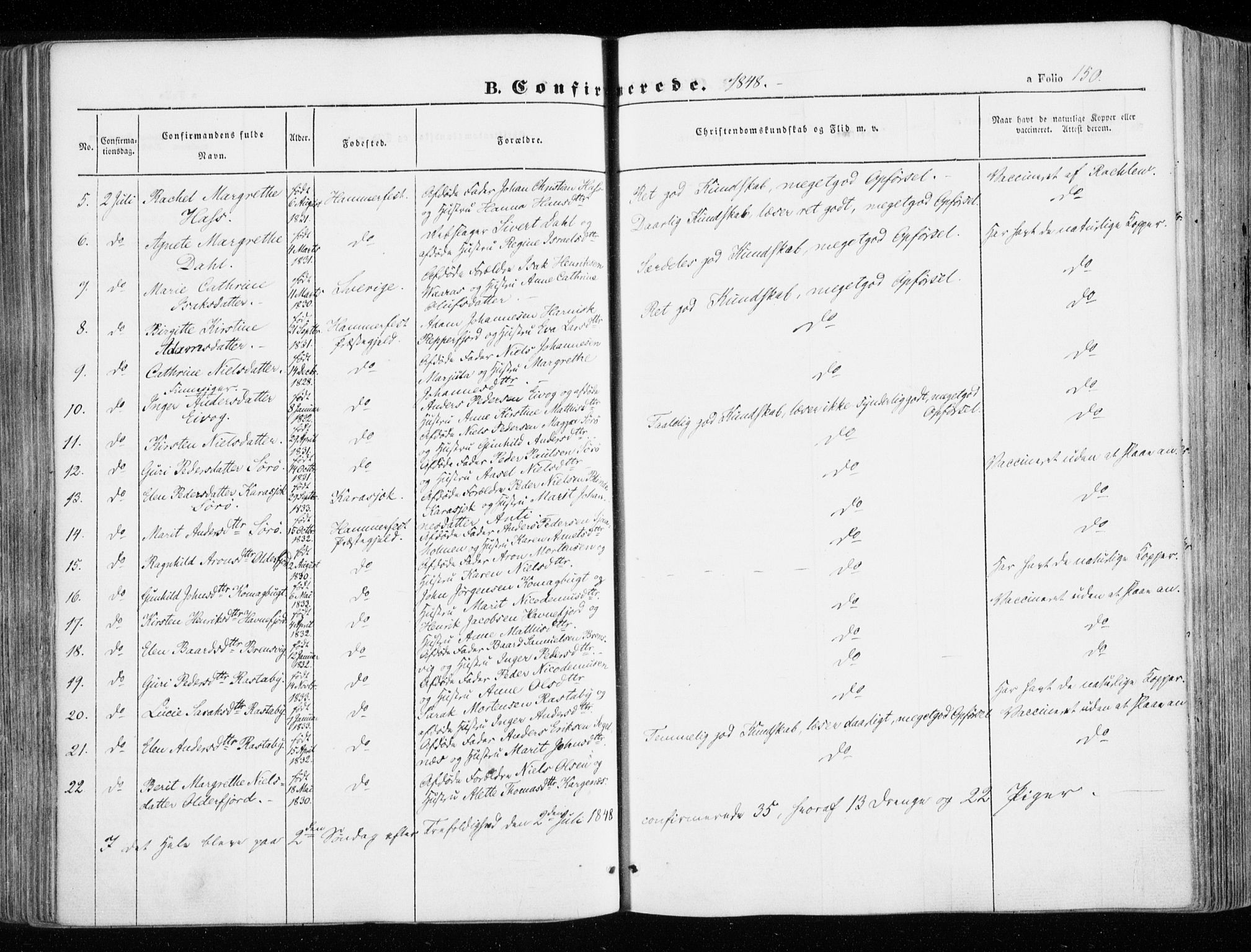 Hammerfest sokneprestkontor, AV/SATØ-S-1347/H/Ha/L0004.kirke: Parish register (official) no. 4, 1843-1856, p. 150