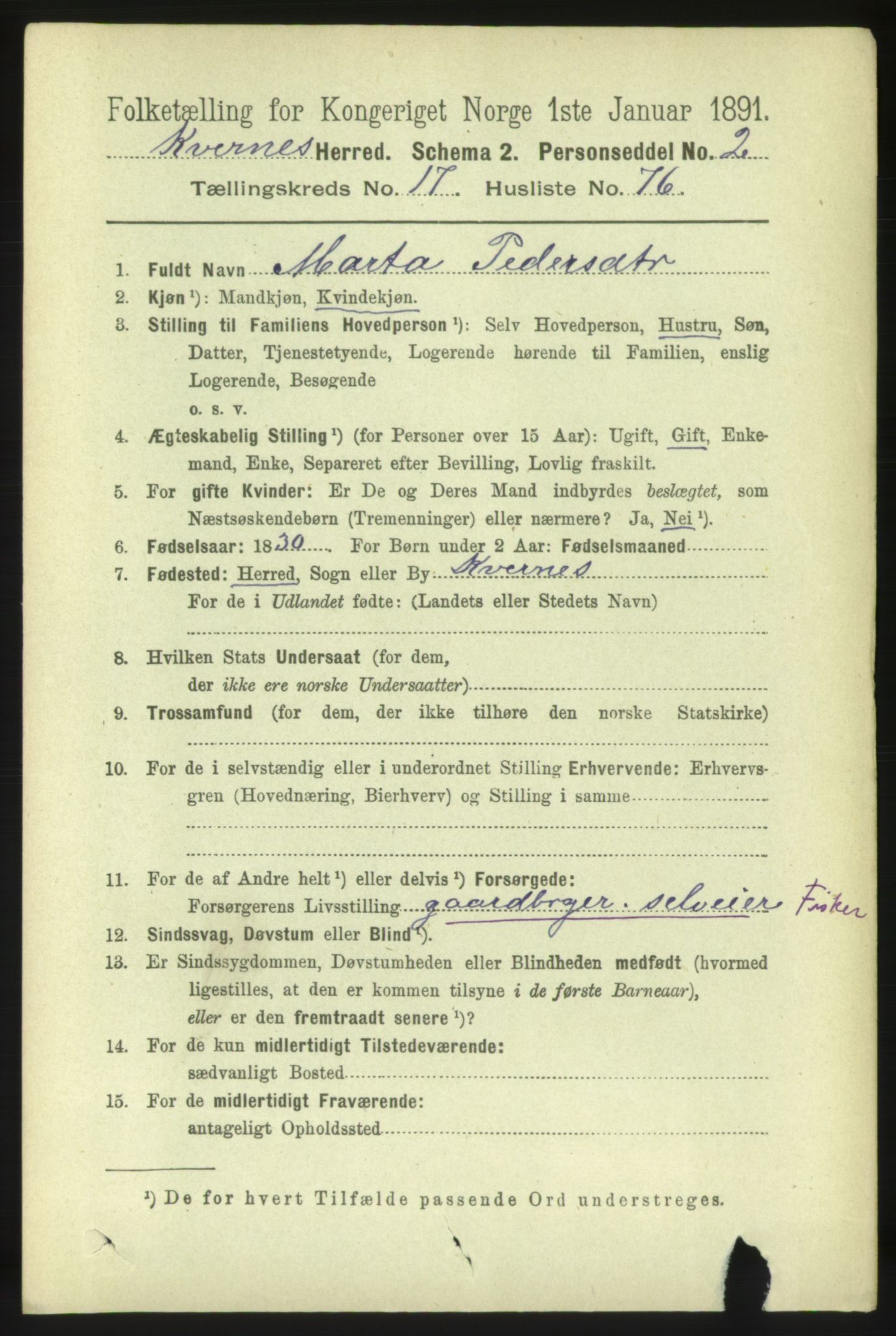 RA, 1891 census for 1553 Kvernes, 1891, p. 7649