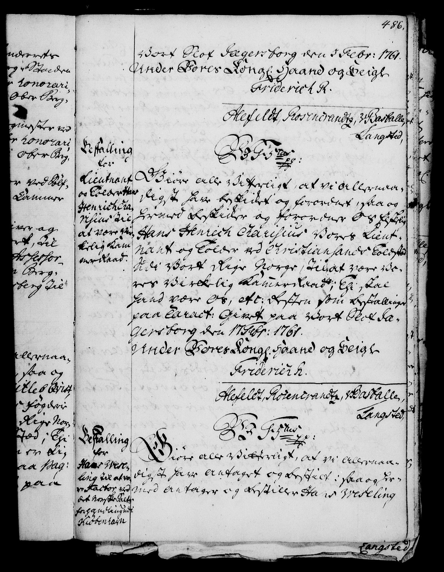 Rentekammeret, Kammerkanselliet, RA/EA-3111/G/Gg/Gge/L0003: Norsk bestallingsprotokoll med register (merket RK 53.27), 1745-1761, p. 486