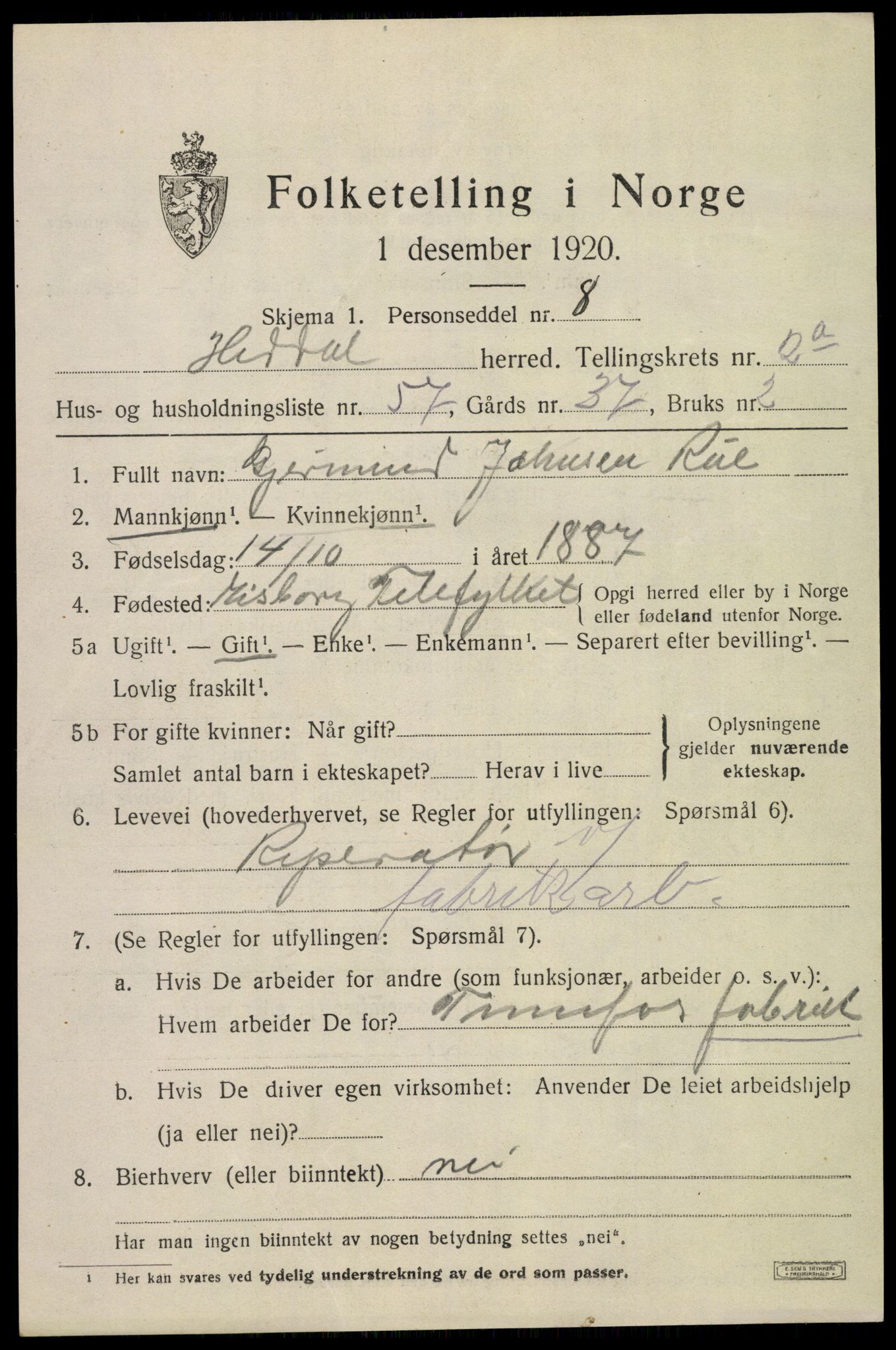 SAKO, 1920 census for Heddal, 1920, p. 2650