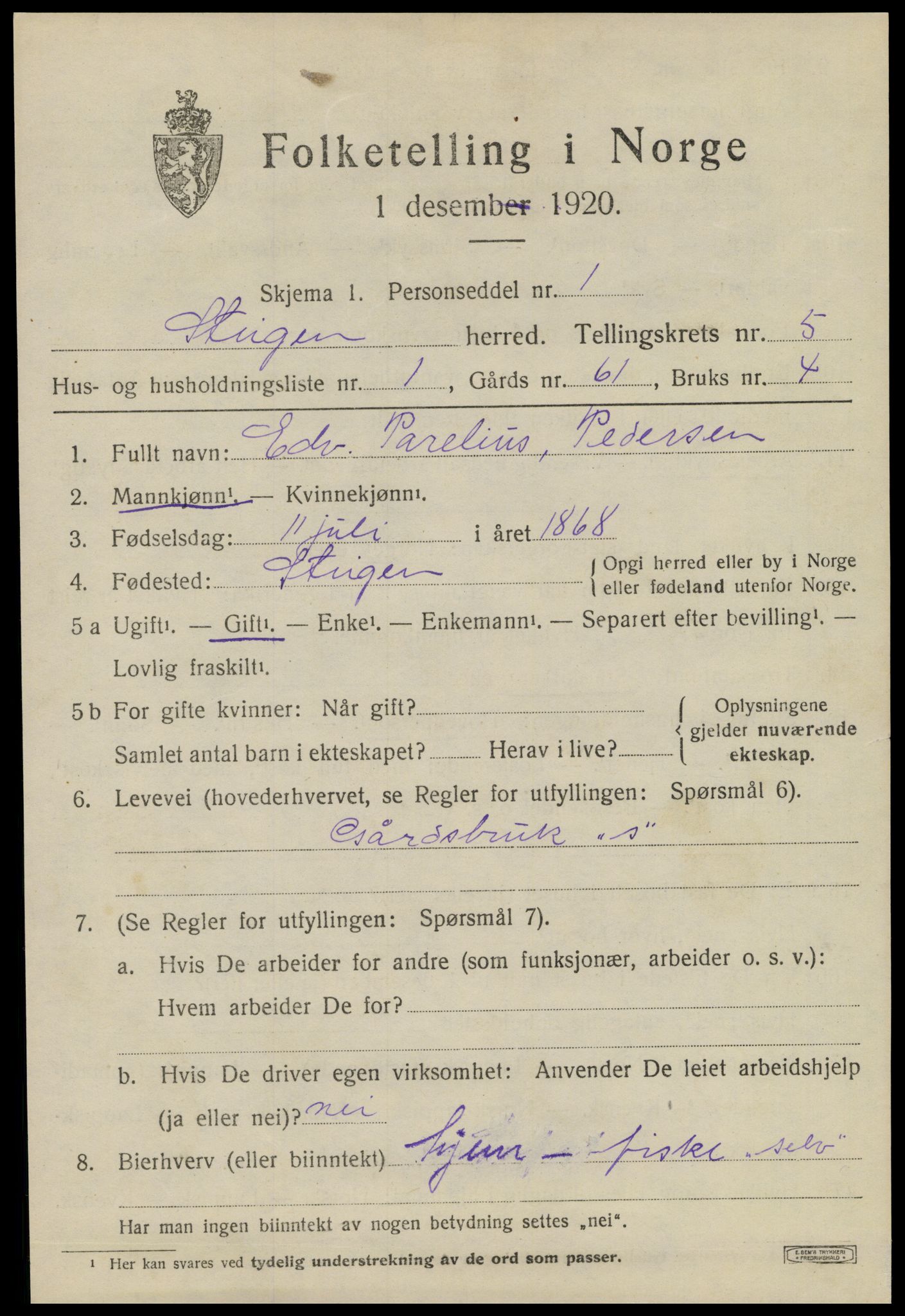 SAT, 1920 census for Steigen, 1920, p. 1952