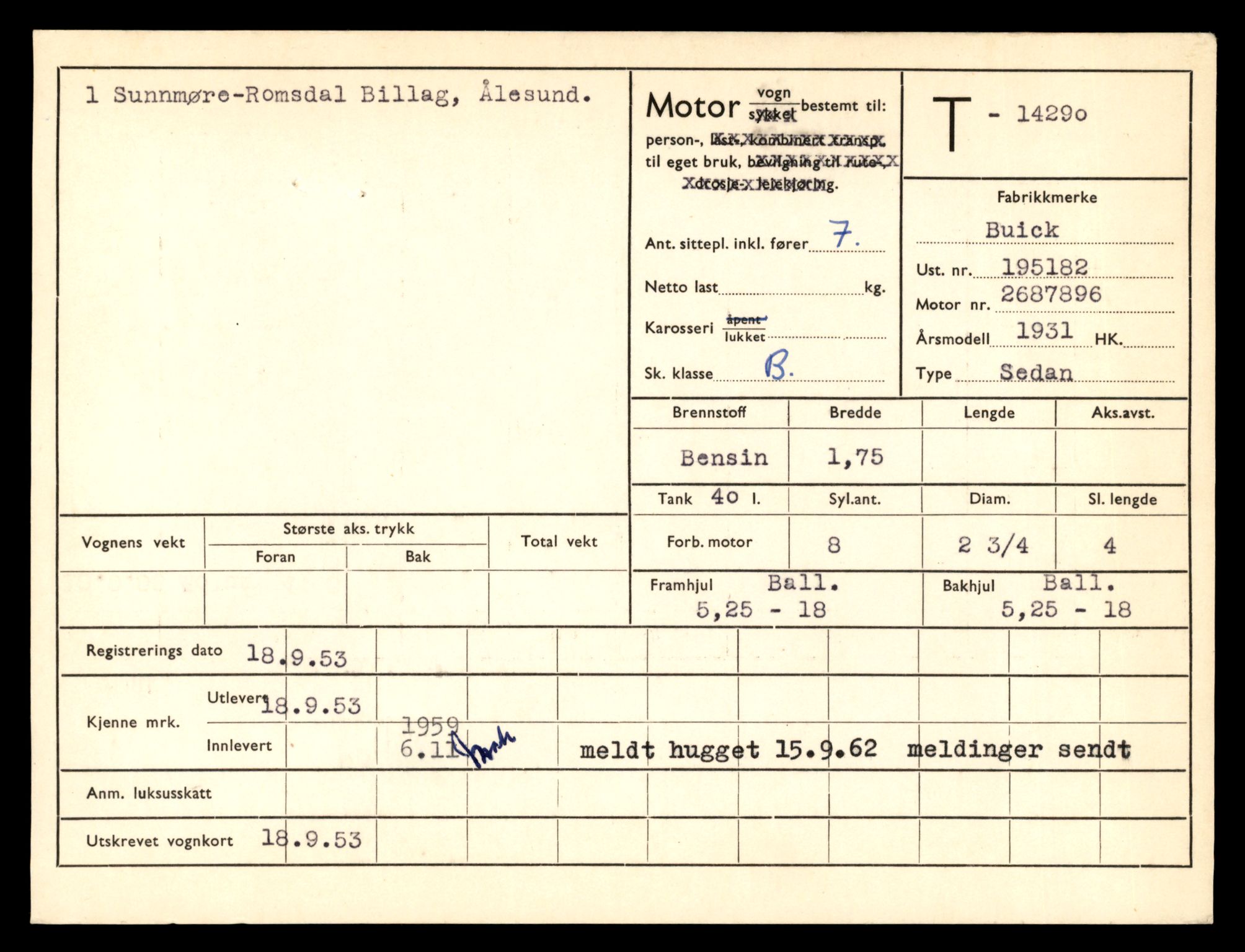 Møre og Romsdal vegkontor - Ålesund trafikkstasjon, AV/SAT-A-4099/F/Fe/L0044: Registreringskort for kjøretøy T 14205 - T 14319, 1927-1998, p. 2523