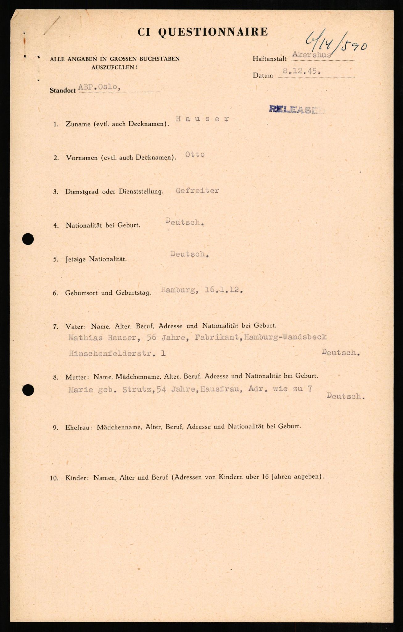Forsvaret, Forsvarets overkommando II, AV/RA-RAFA-3915/D/Db/L0012: CI Questionaires. Tyske okkupasjonsstyrker i Norge. Tyskere., 1945-1946, p. 98