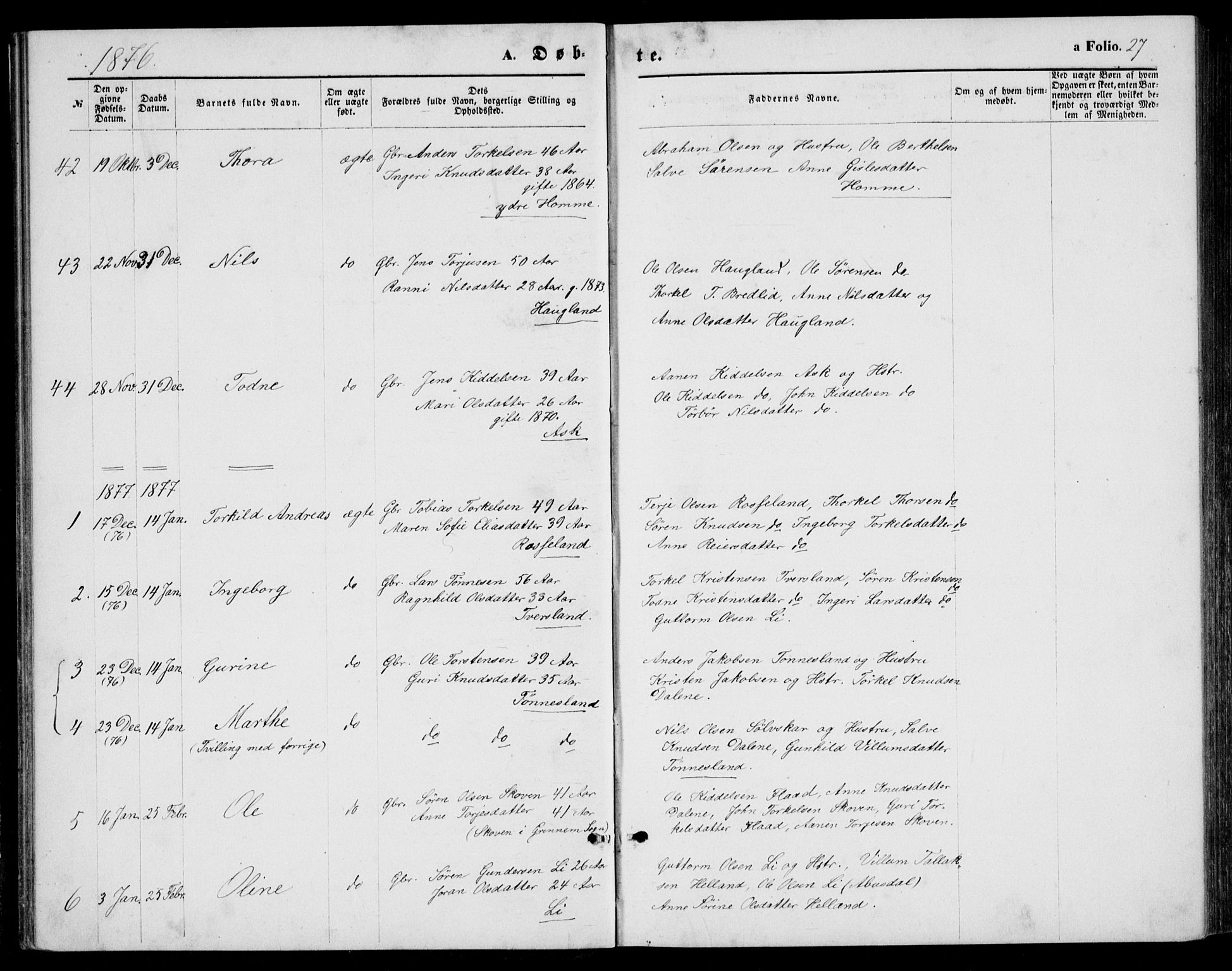 Bjelland sokneprestkontor, AV/SAK-1111-0005/F/Fb/Fba/L0004: Parish register (copy) no. B 4, 1869-1886, p. 27