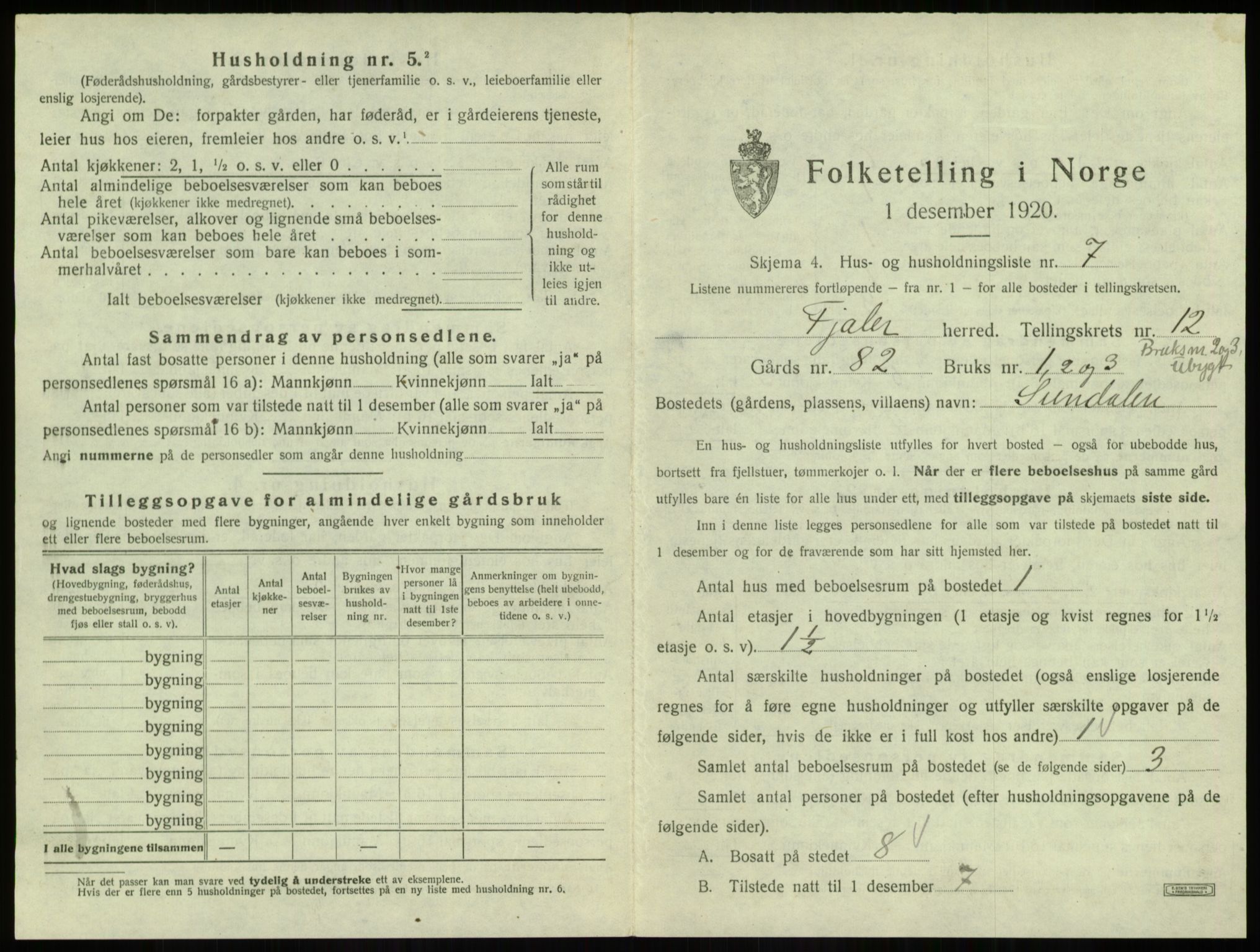 SAB, 1920 census for Fjaler, 1920, p. 1017