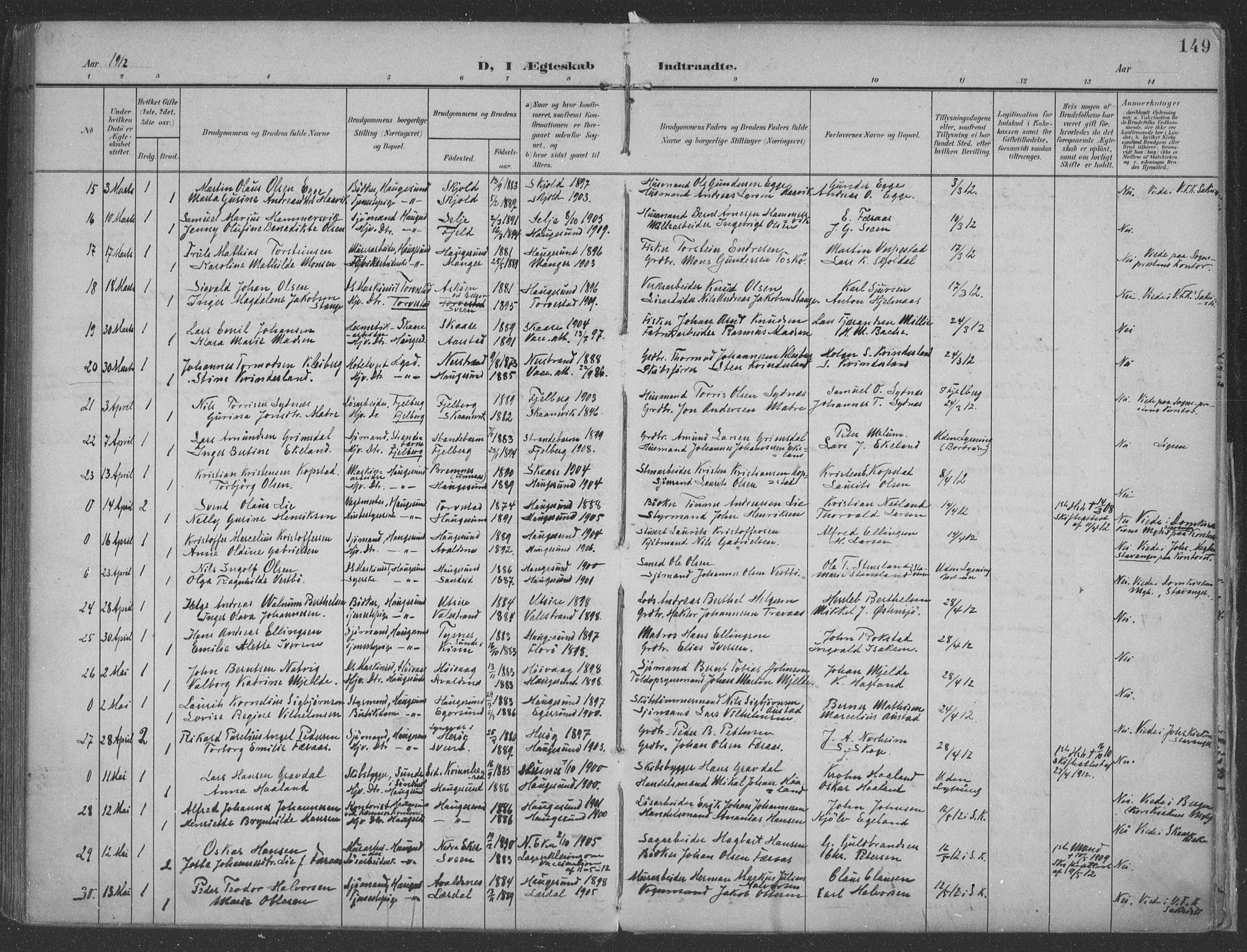 Haugesund sokneprestkontor, AV/SAST-A -101863/H/Ha/Haa/L0007: Parish register (official) no. A 7, 1904-1916, p. 149