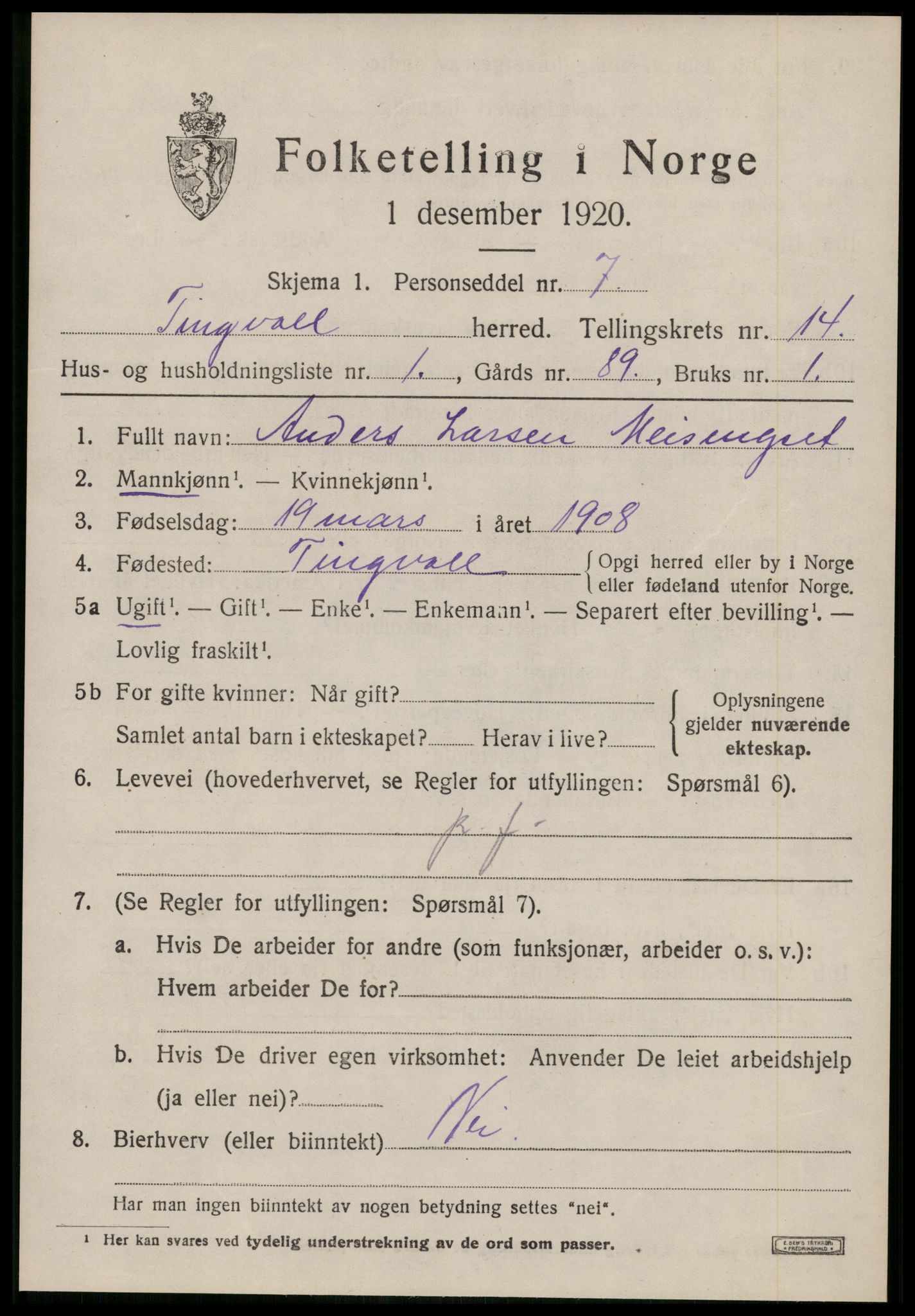 SAT, 1920 census for Tingvoll, 1920, p. 6988