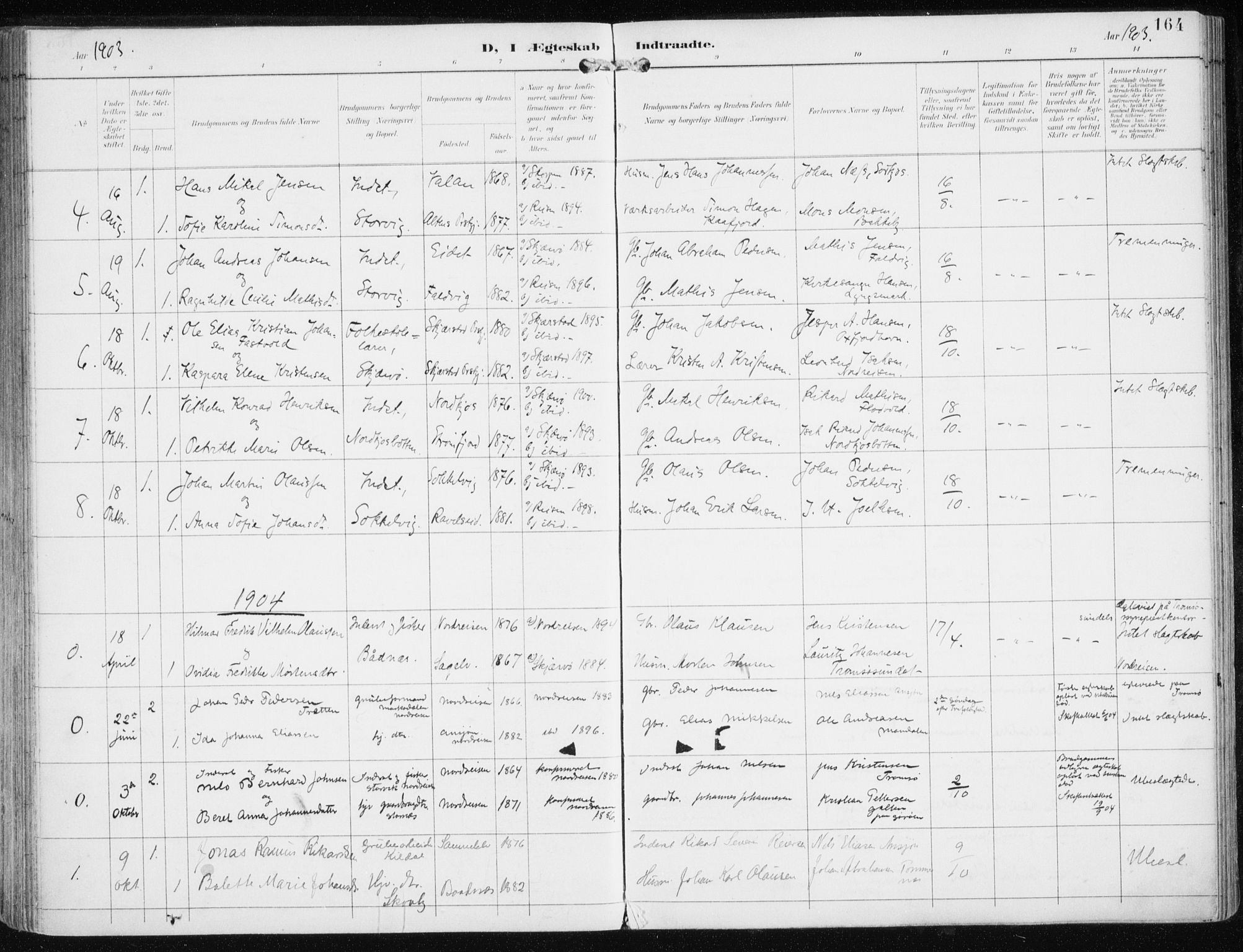 Skjervøy sokneprestkontor, SATØ/S-1300/H/Ha/Haa/L0017kirke: Parish register (official) no. 17, 1895-1911, p. 164
