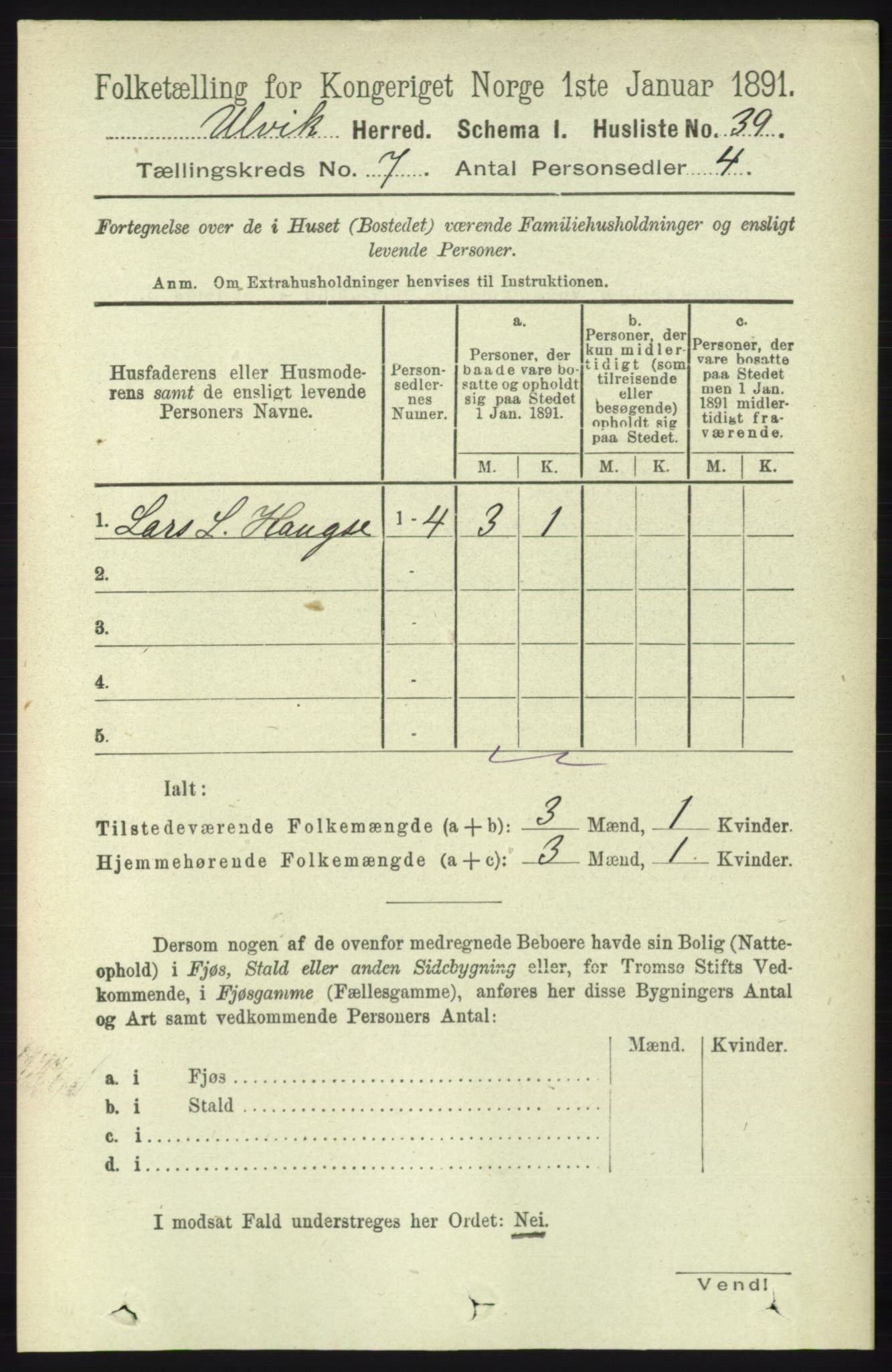 RA, 1891 census for 1233 Ulvik, 1891, p. 2263