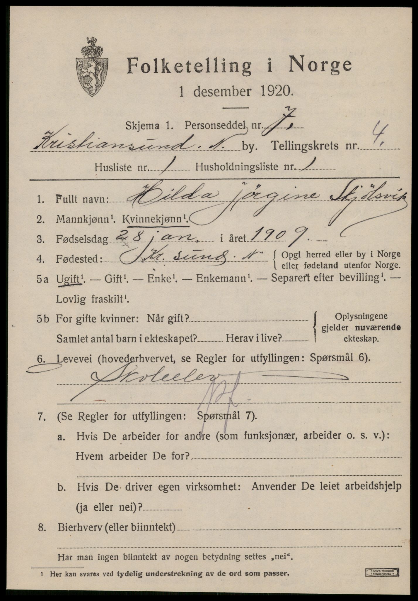 SAT, 1920 census for Kristiansund, 1920, p. 14899