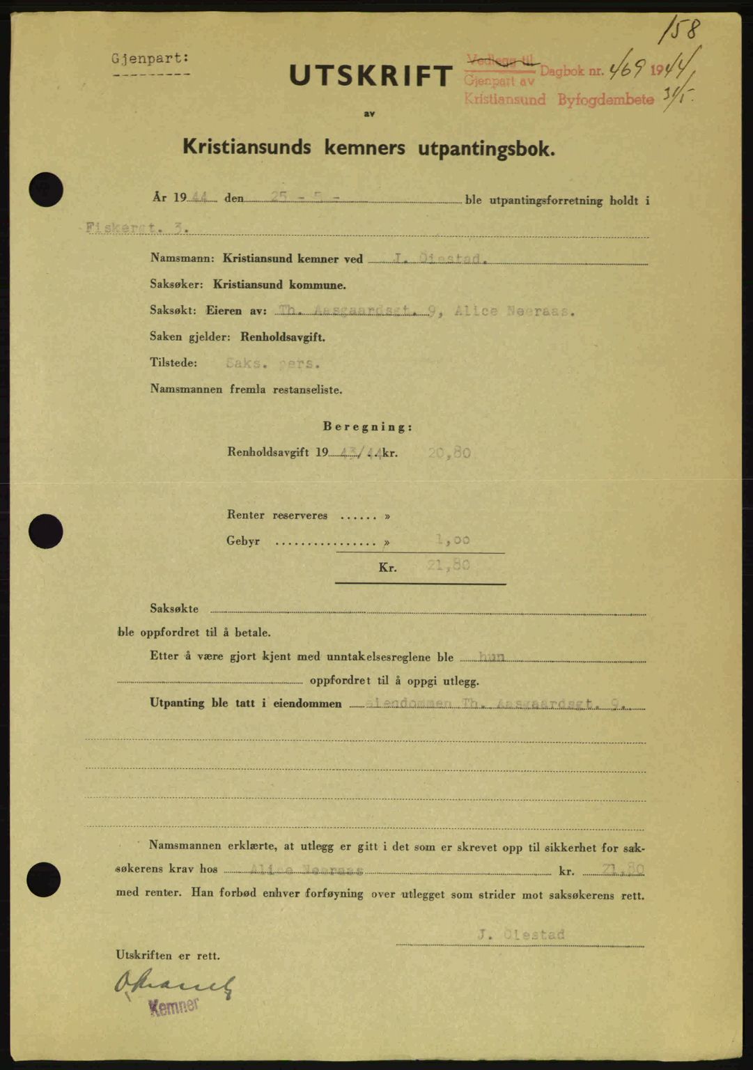 Kristiansund byfogd, SAT/A-4587/A/27: Mortgage book no. 37-38, 1943-1945, Diary no: : 469/1944