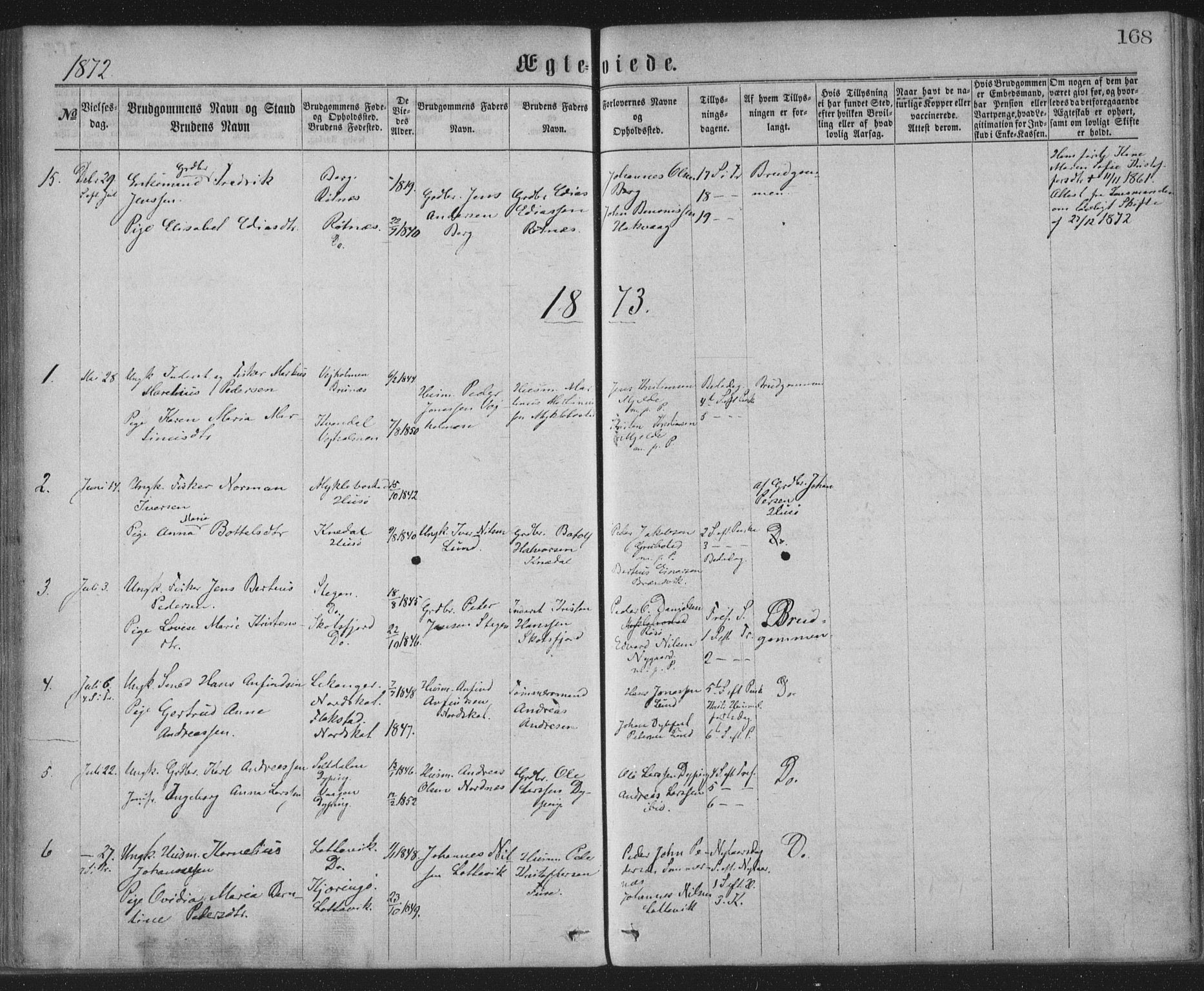 Ministerialprotokoller, klokkerbøker og fødselsregistre - Nordland, AV/SAT-A-1459/855/L0801: Parish register (official) no. 855A09, 1864-1874, p. 168