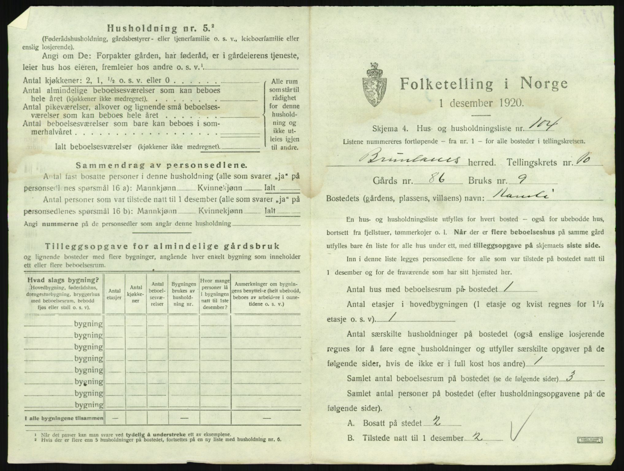 SAKO, 1920 census for Brunlanes, 1920, p. 1453