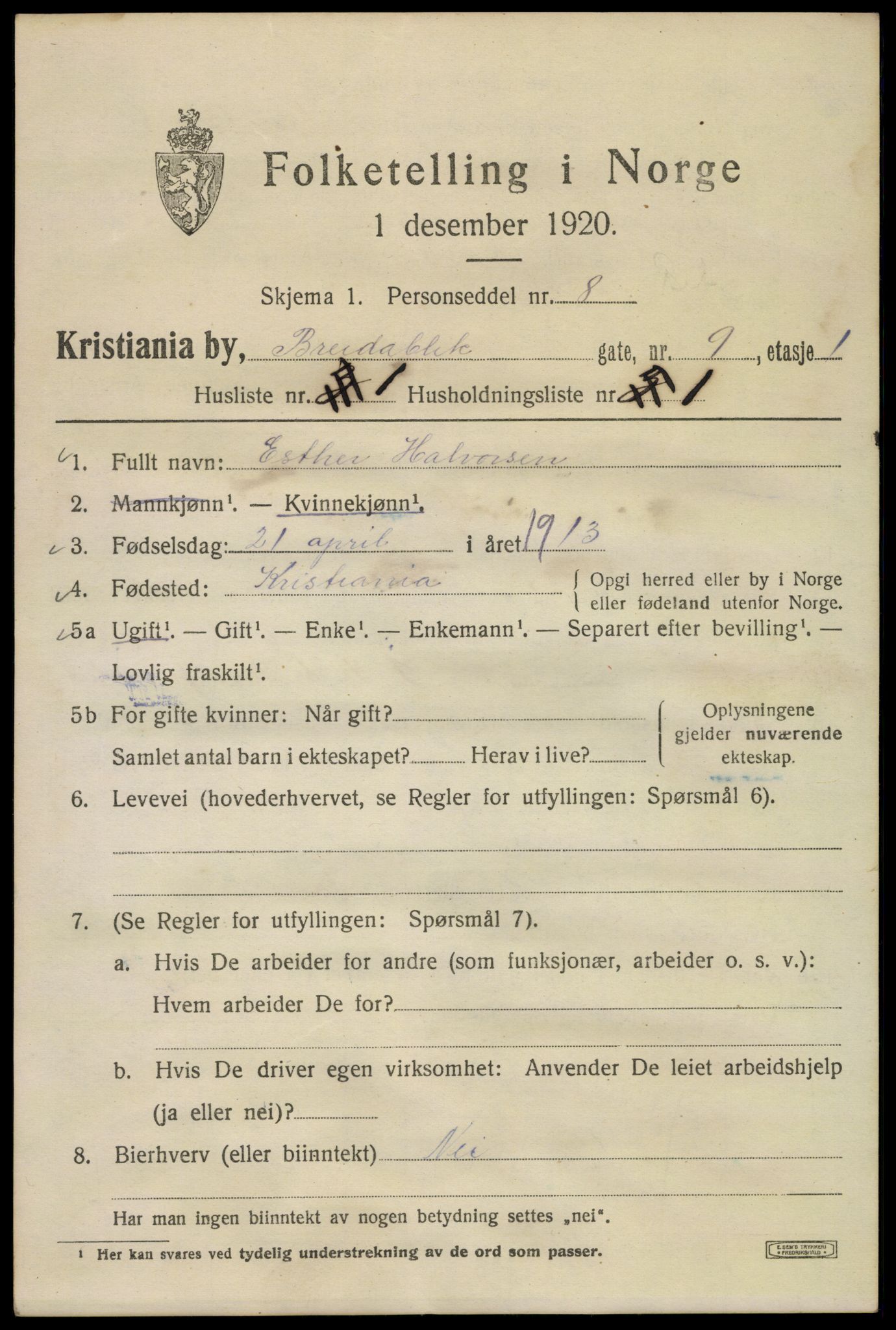 SAO, 1920 census for Kristiania, 1920, p. 171679