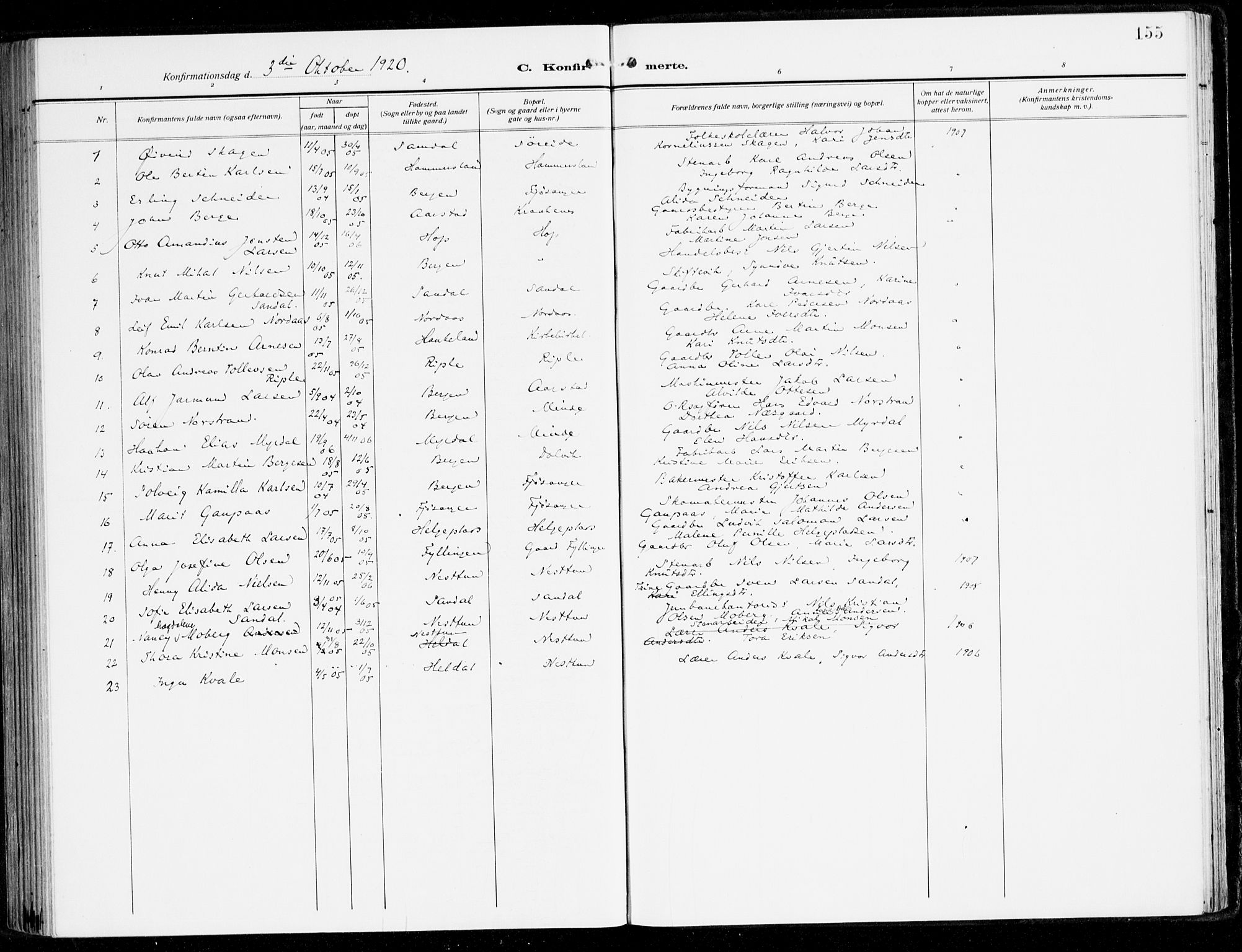 Fana Sokneprestembete, AV/SAB-A-75101/H/Haa/Haai/L0004: Parish register (official) no. I 4, 1912-1933, p. 155