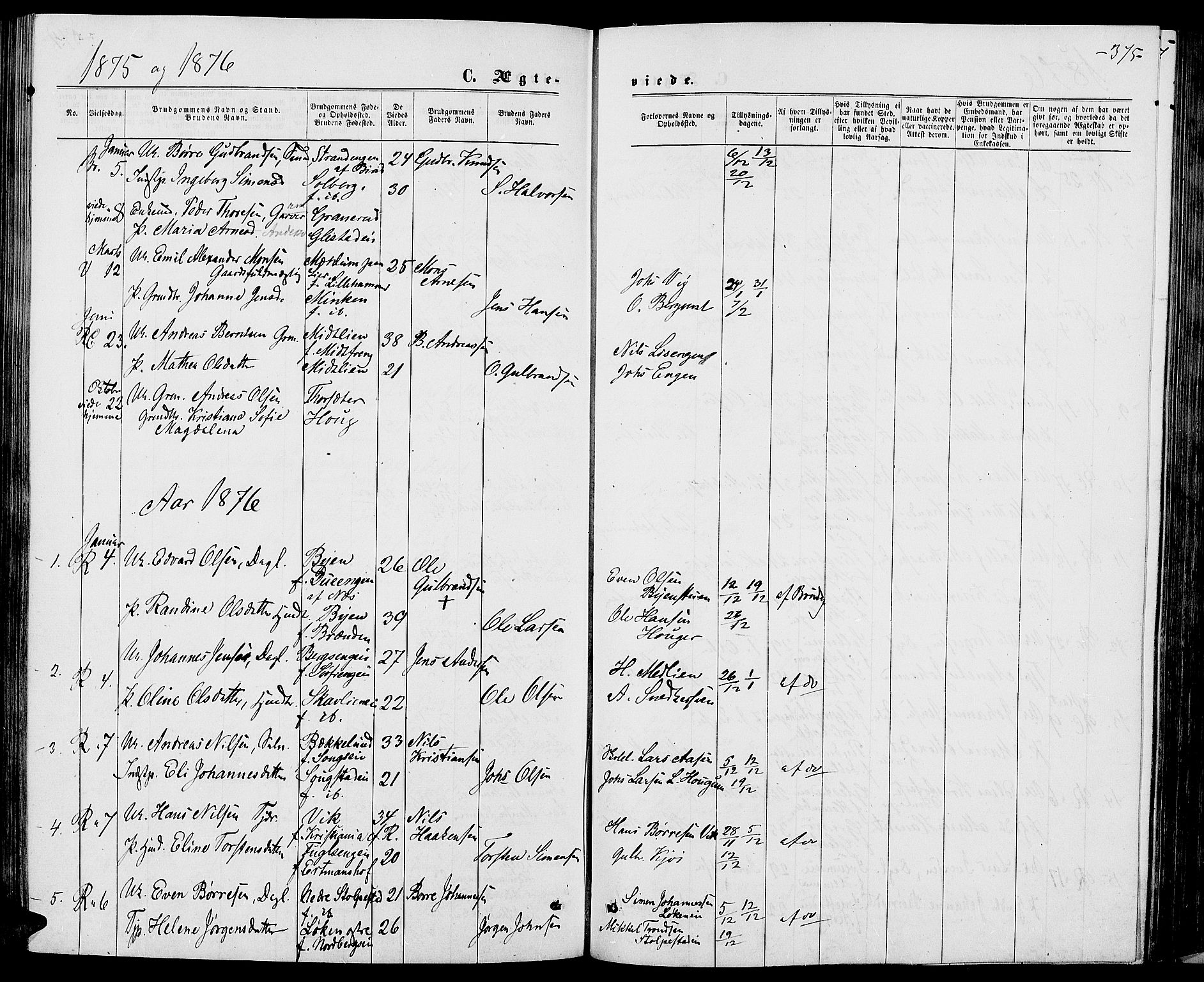 Ringsaker prestekontor, AV/SAH-PREST-014/L/La/L0008: Parish register (copy) no. 8, 1870-1878, p. 375