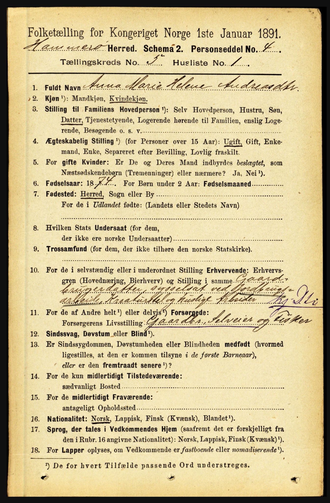 RA, 1891 census for 1849 Hamarøy, 1891, p. 2486