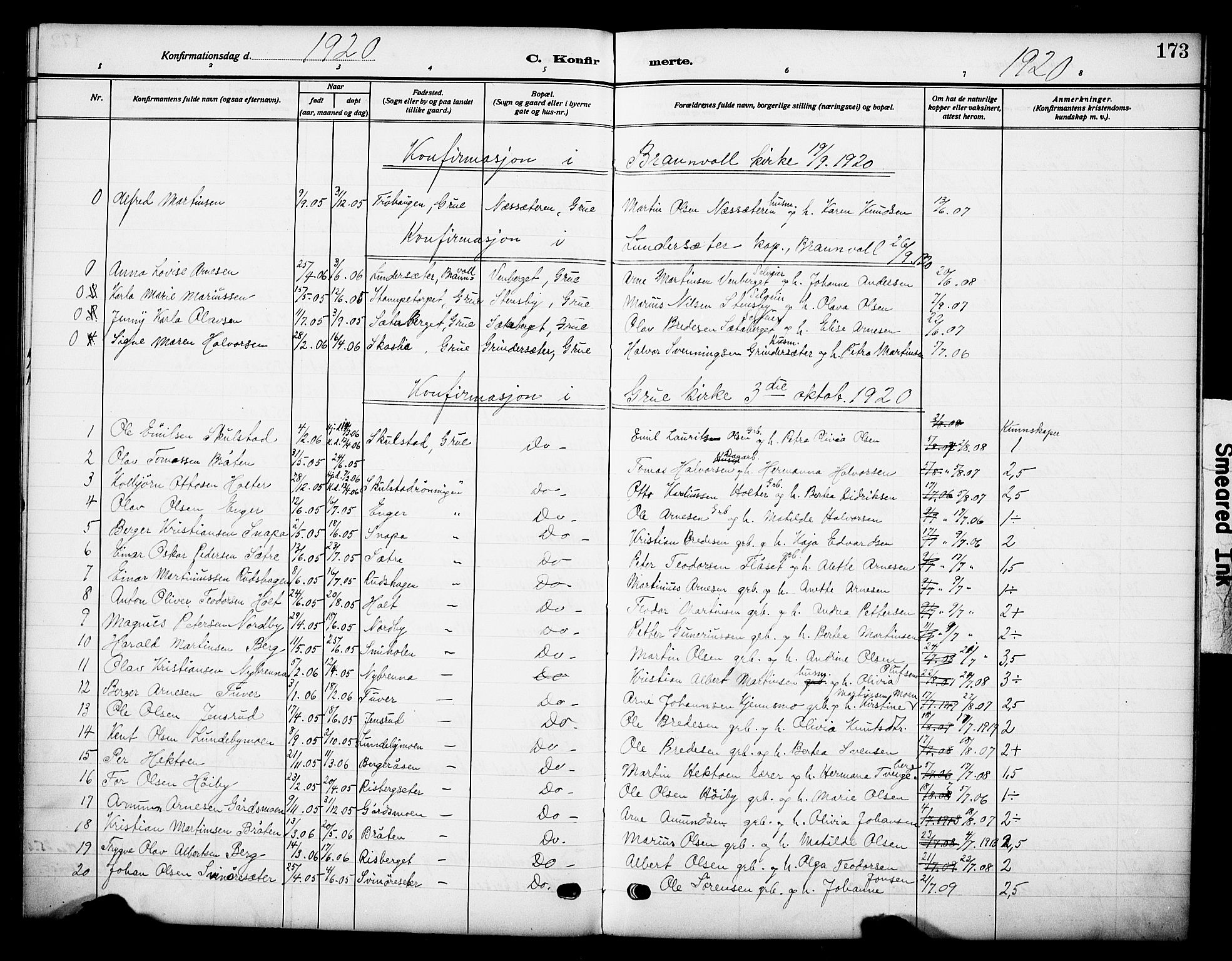 Grue prestekontor, AV/SAH-PREST-036/H/Ha/Haa/L0015: Parish register (official) no. 15, 1911-1922, p. 173