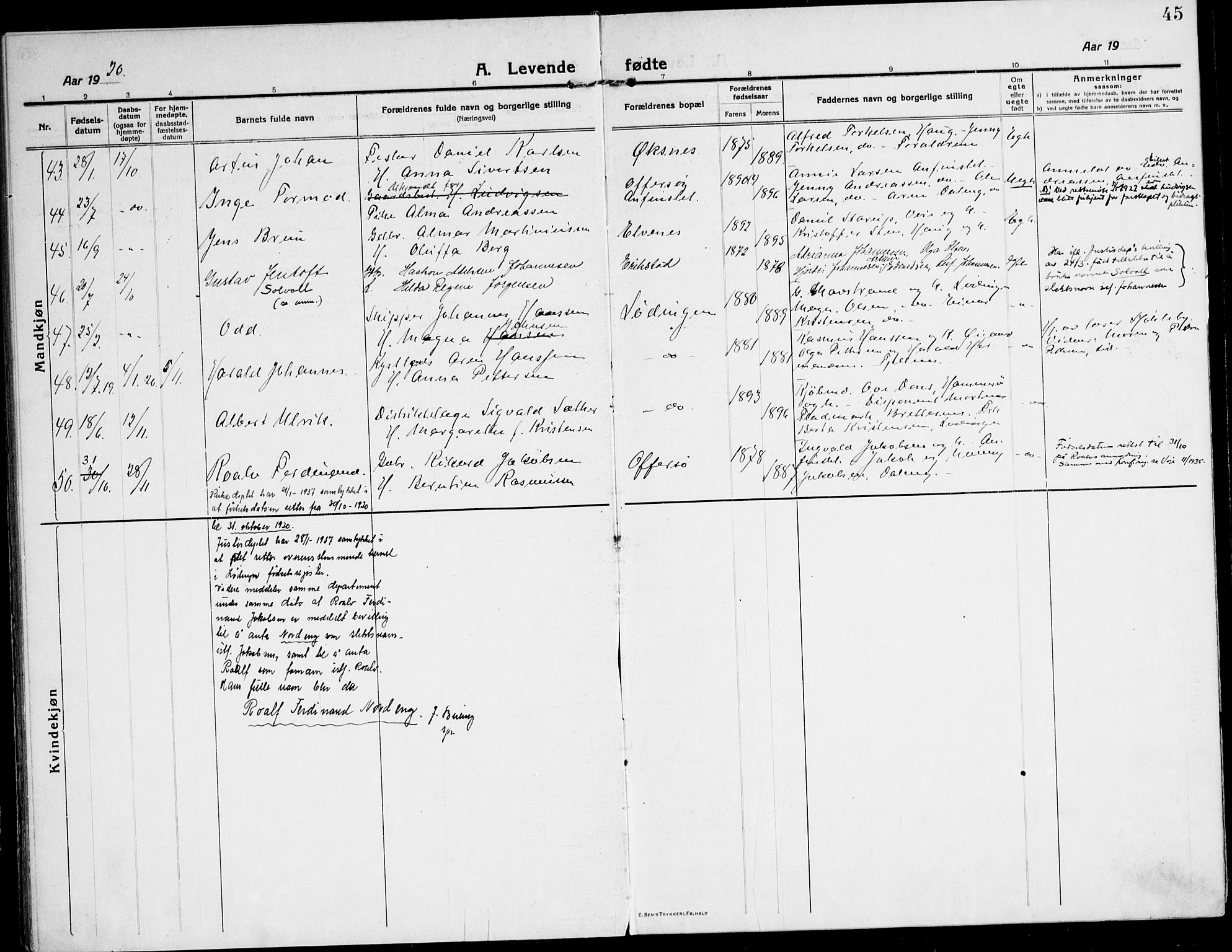 Ministerialprotokoller, klokkerbøker og fødselsregistre - Nordland, AV/SAT-A-1459/872/L1037: Parish register (official) no. 872A12, 1914-1925, p. 45