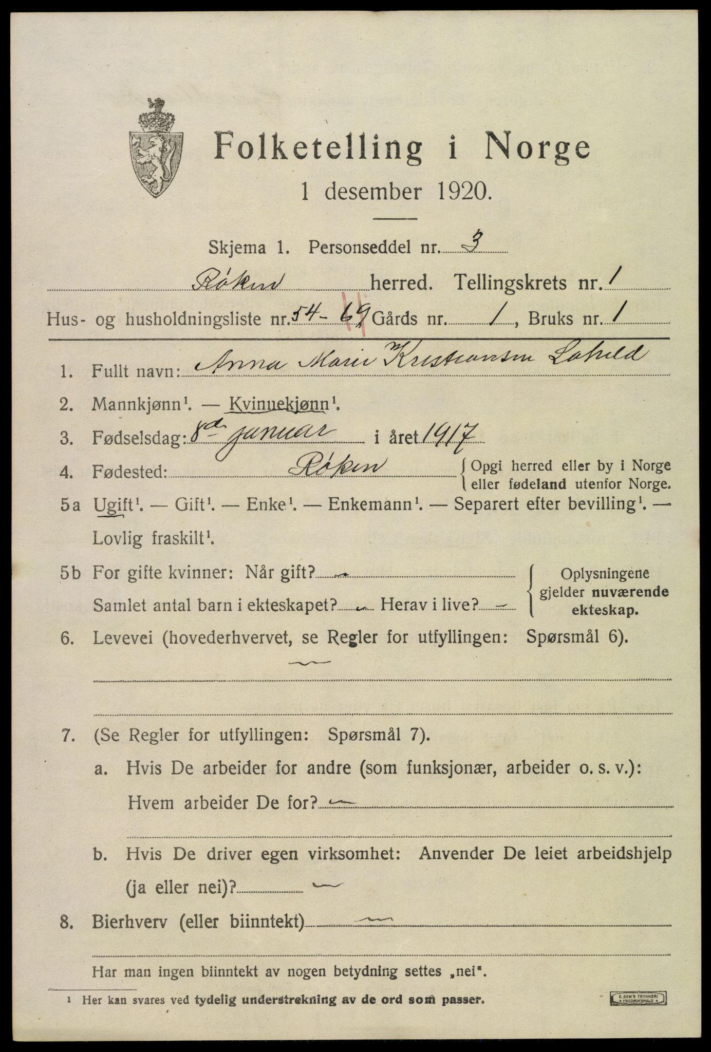 SAKO, 1920 census for Røyken, 1920, p. 2468