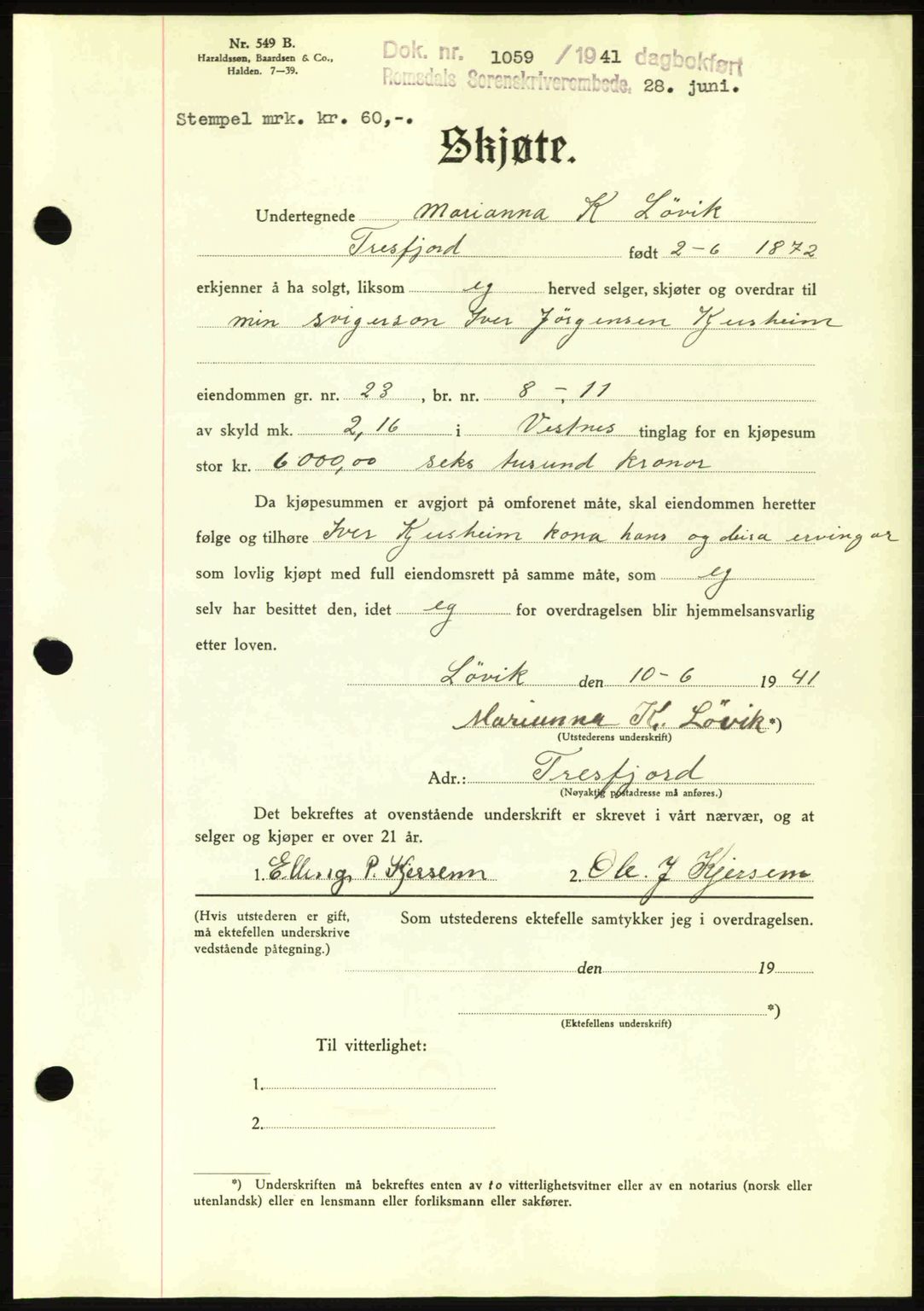 Romsdal sorenskriveri, AV/SAT-A-4149/1/2/2C: Mortgage book no. A10, 1941-1941, Diary no: : 1059/1941