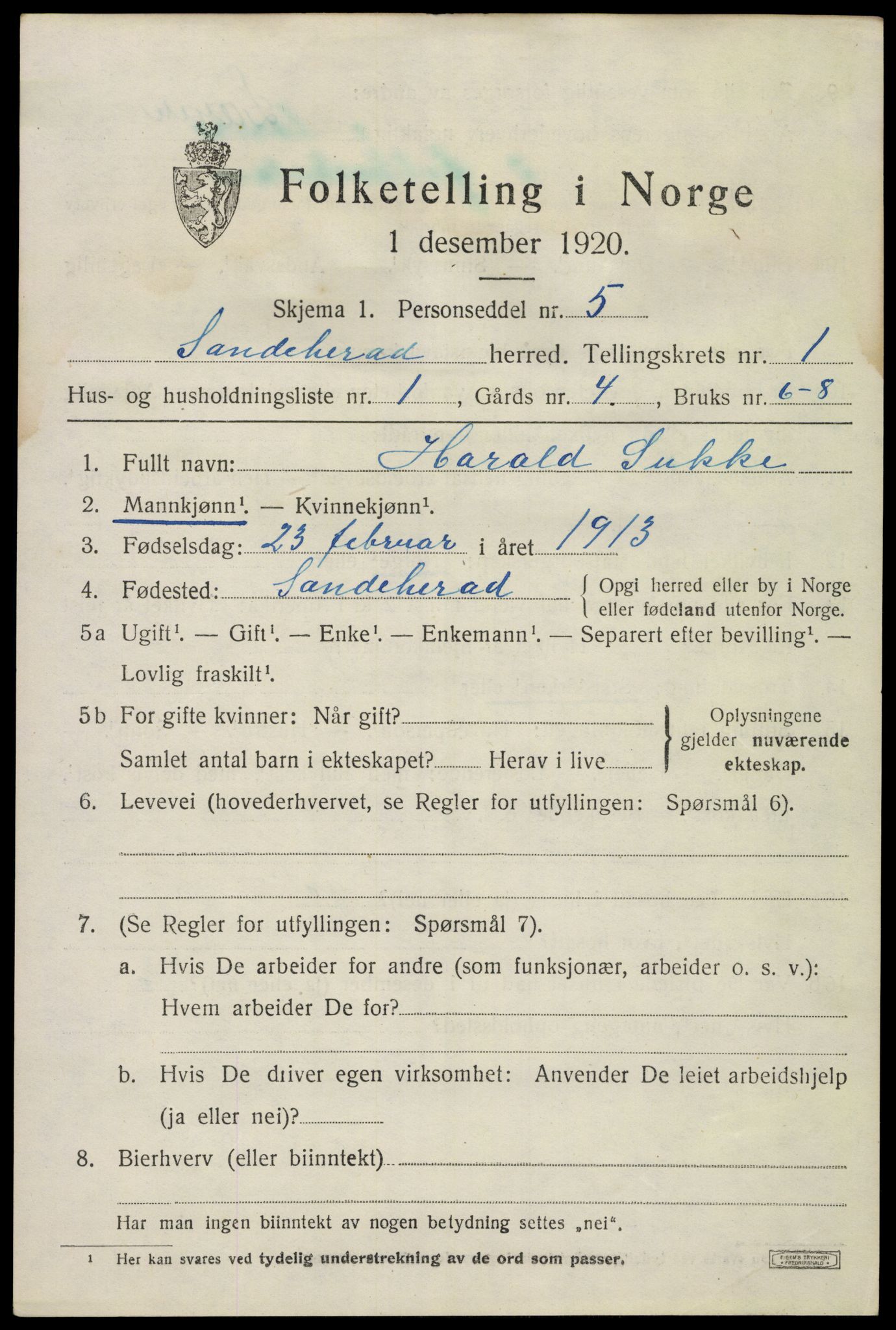 SAKO, 1920 census for Sandeherred, 1920, p. 3760