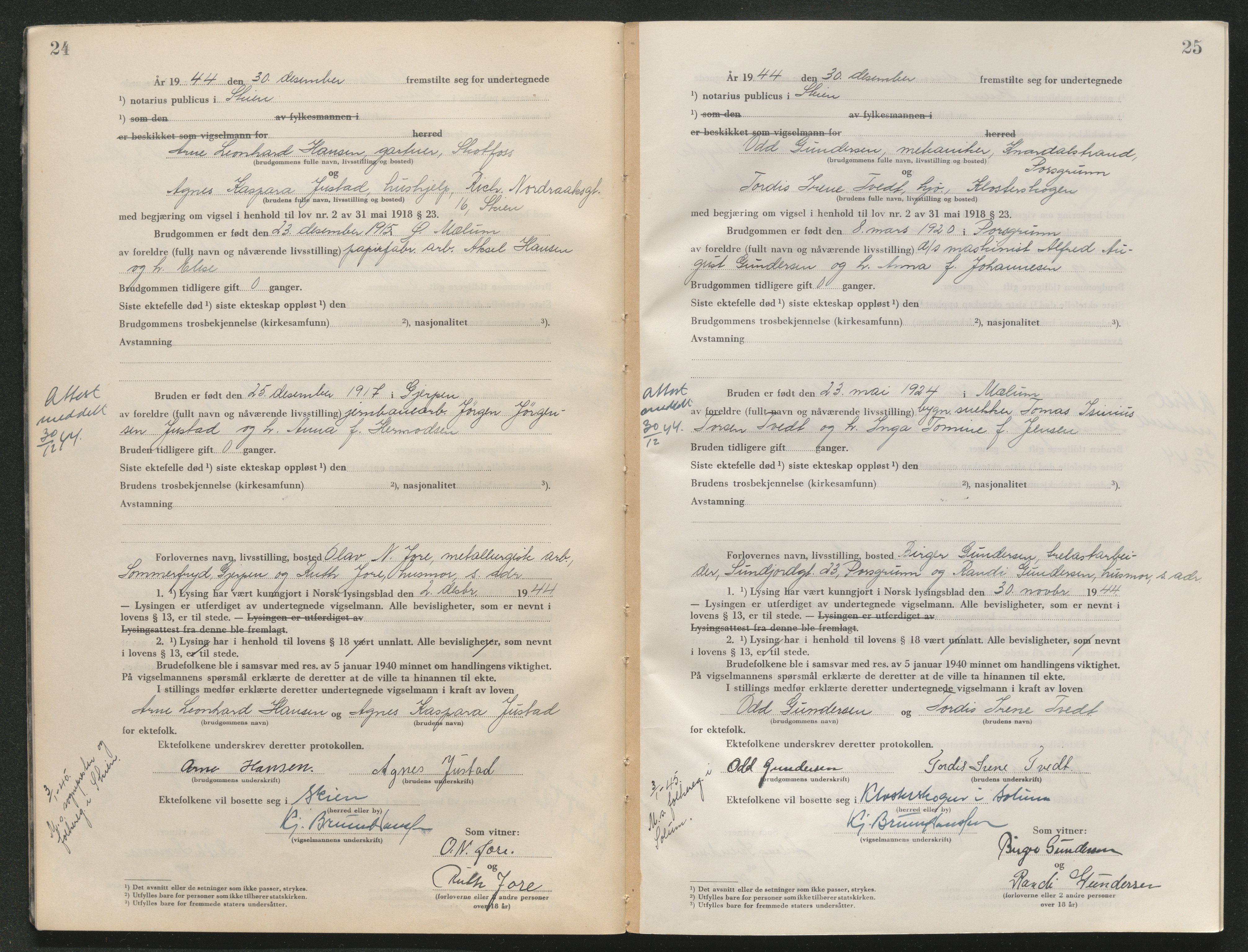 Skien sorenskriveri, AV/SAKO-A-225/L/La/L0001: Vigselsprotokoll, 1920-1947, p. 24-25