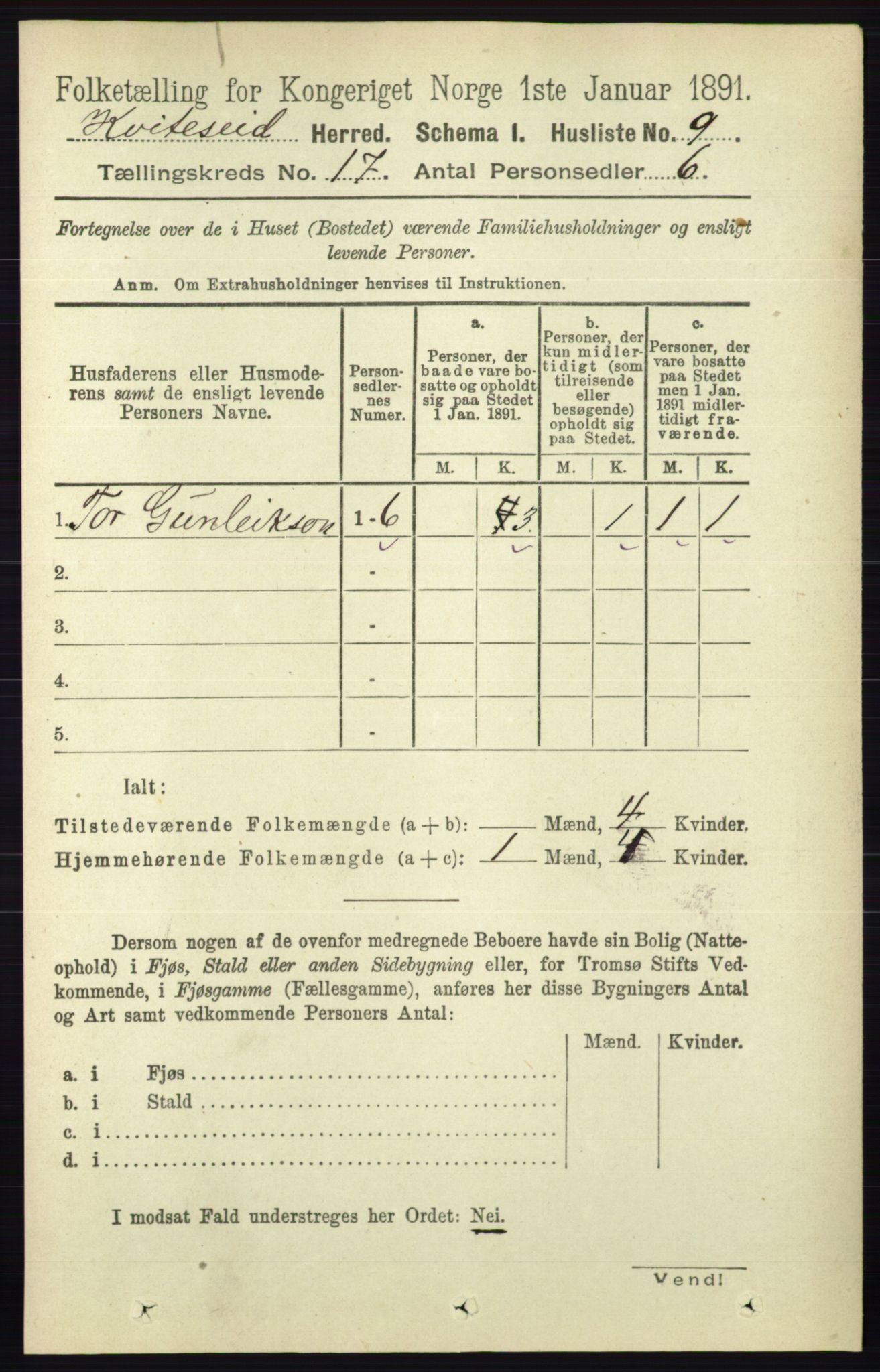 RA, 1891 census for 0829 Kviteseid, 1891, p. 3762